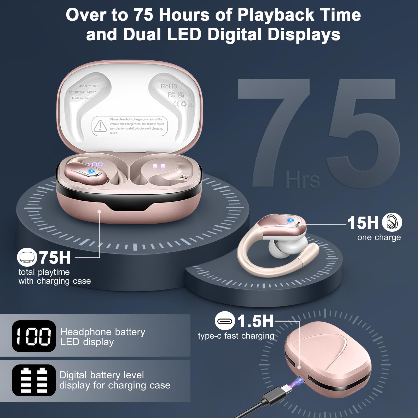 2024 Wireless Bluetooth 5.4 Earbuds with 75H Playtime, 4 ENC Mic & Noise Cancelling - IP7 Waterproof Sport Headphones for Running, Workout & Gym | Secure Earhooks Design for Active Lifestyle