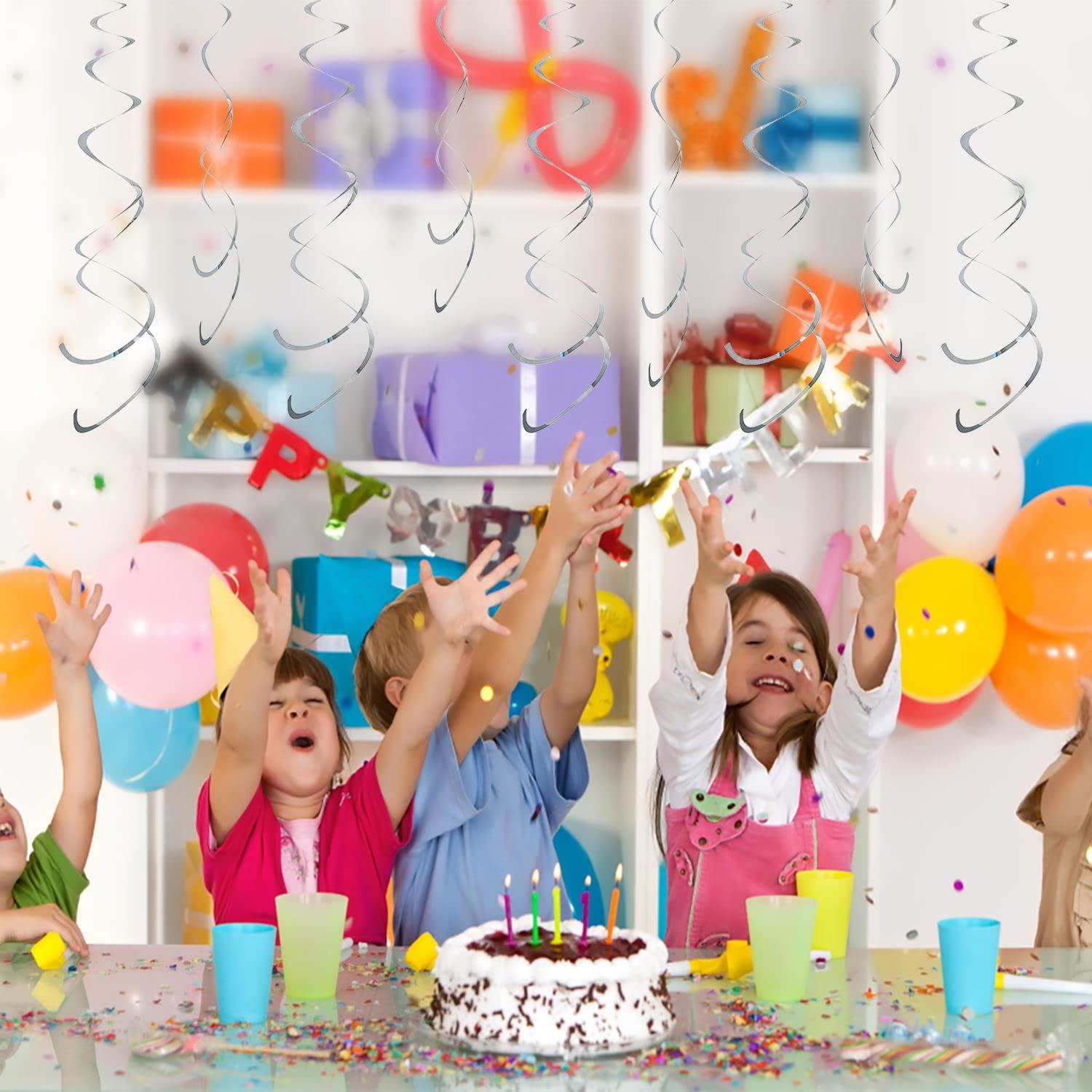 12 Pack Silver Plastic Hanging Swirl Decorations - Spiral Streamers for Ceiling, Wedding, Baby Shower & Birthday Party Supplies | Perfect for Indoor Events and Festive Celebrations