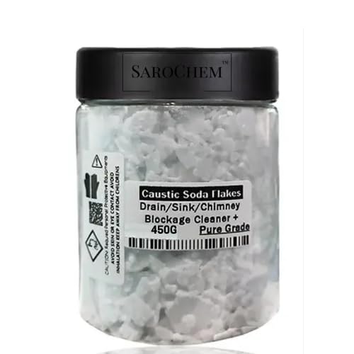 SaroChem™ 99.9% Pure Caustic Soda Flakes - Drain Cleaner, Soap Making, Candle Making & Oven Degreaser (450g Jar) | Unclogs Pipes, Removes Grease | Perfect for DIY Cleaning, Home Maintenance & Craft Projects