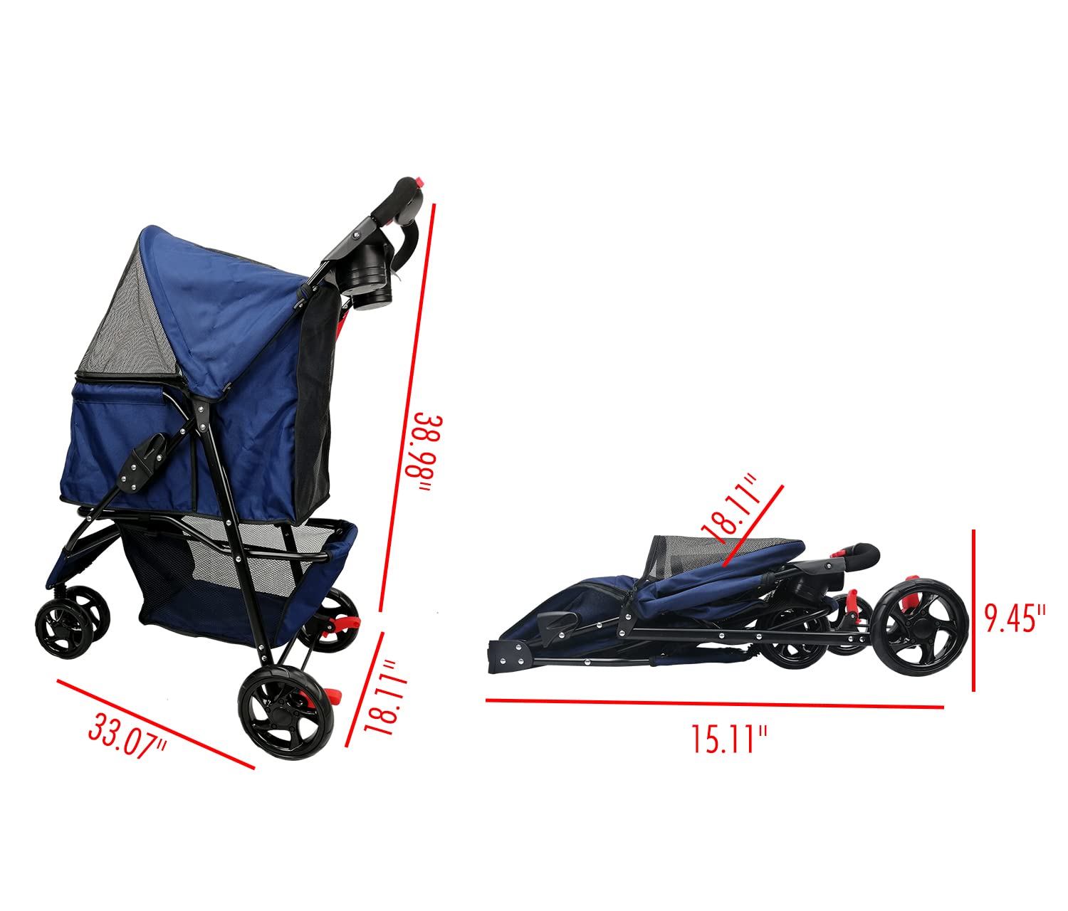 AmorosO Pet Stroller for Small Dogs & Cats - Lightweight Foldable Pet Carrier with Storage Basket | Perfect for Walking, Travel, Vet Visits & Outdoor Adventures | Blue Pet Stroller for Indoor & Outdoor Use