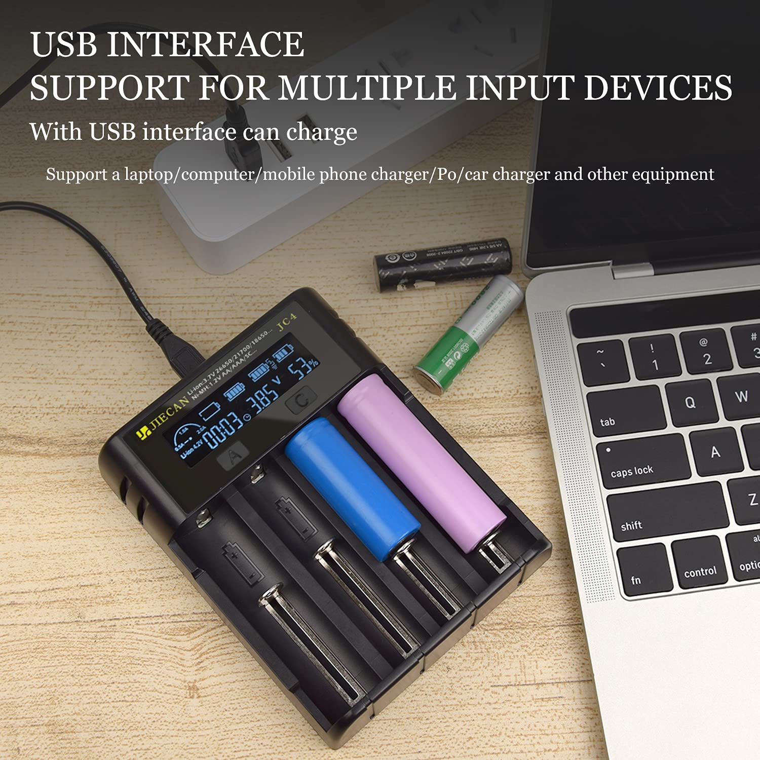 JIECAN 4 Bay AA AAA Battery Charger - Universal LCD Smart Fast Charger for Ni-MH Ni-CD Rechargeable Batteries | USB High-Speed Charging with Independent Slots | Perfect for Home, Office & Travel Use