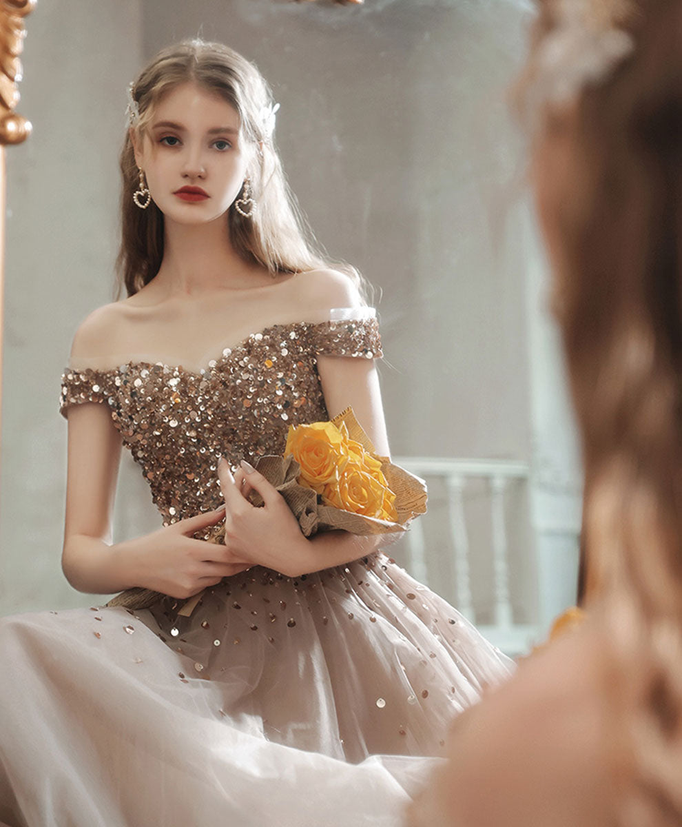 Elegant Champagne A-Line Long Prom Dress with Off-Shoulder Neckline & Beaded Sequin Details - Perfect for Formal Dances, Evening Galas, and Special Occasions