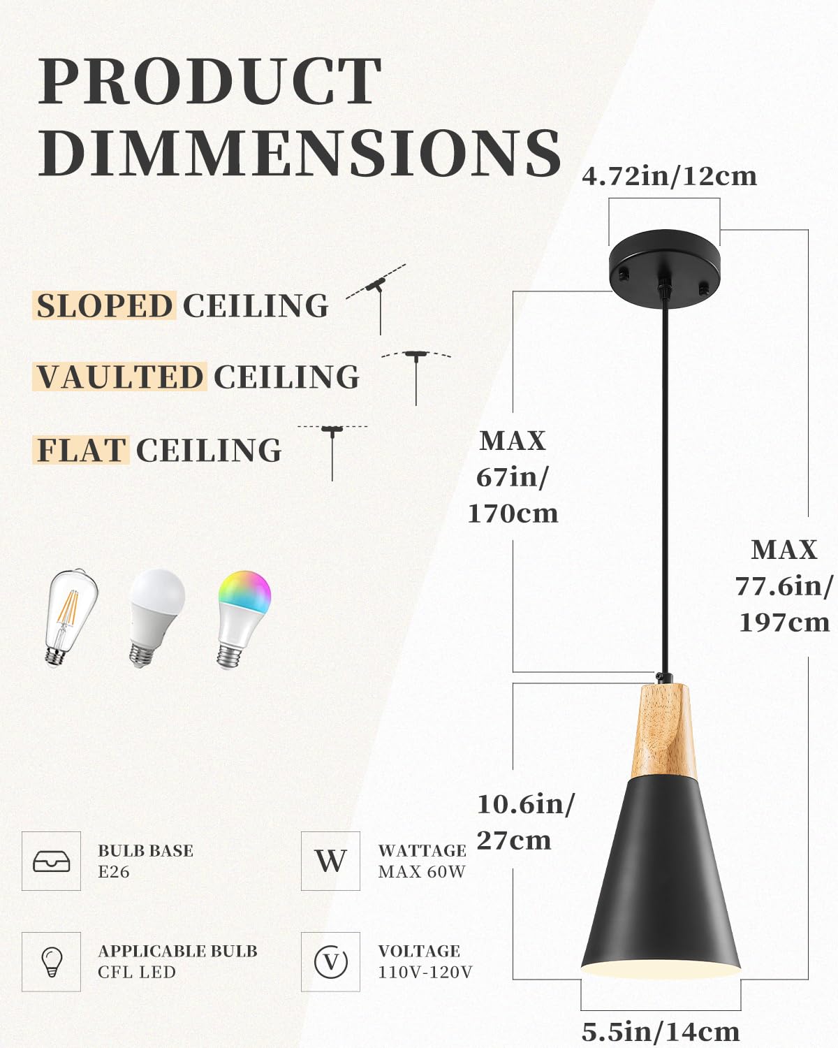 COTTMIC 2-Pack Black Wood Farmhouse Pendant Lights with Metal Finish - Industrial Style Hanging Lights for Kitchen Island, Dining Room, Living Room, Bedroom & Hallway | Perfect for Rustic Home Decor and Modern Interior Lighting