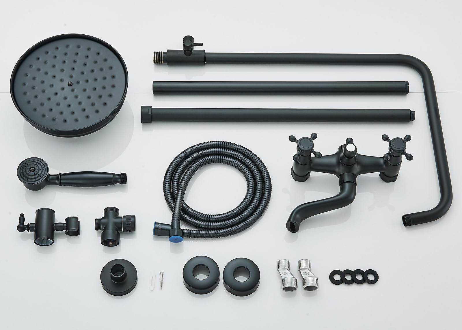 AlenArt Matte Black Outdoor Shower Faucet Set - 8 Inch Rainfall Shower Head with Handheld Spray, Tub Spout & Double Cross Handle - Wall Mounted Bathroom Fixture for Patio, Poolside & Garden Use