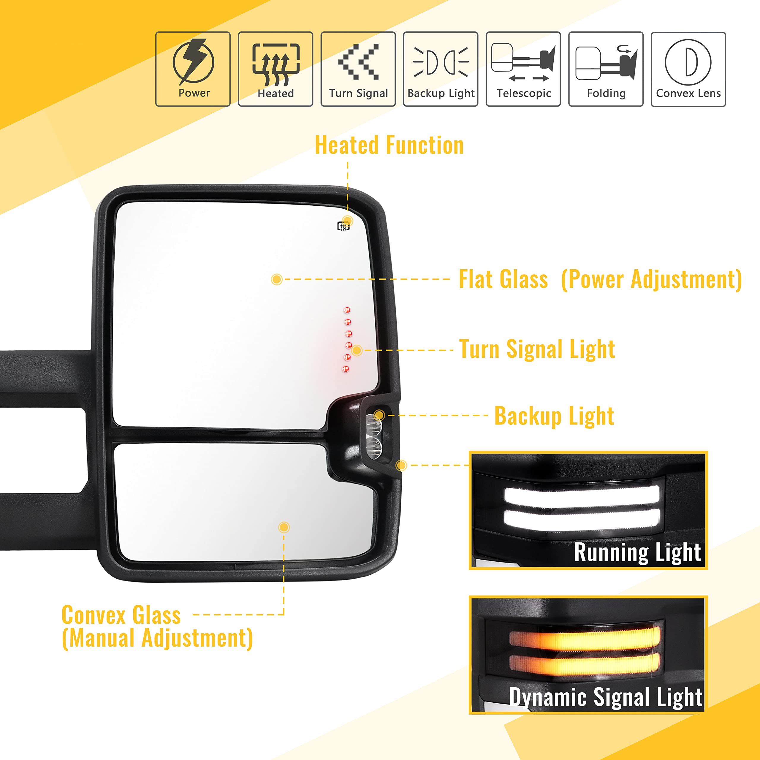 Chrome Towing Mirrors with Switchback Lights & Turn Signals - Compatible with 2003-2007 Chevy Silverado & GMC Sierra - Power Glass, Heated, Backup Lamp - Perfect for Towing, Night Driving & Enhanced Safety