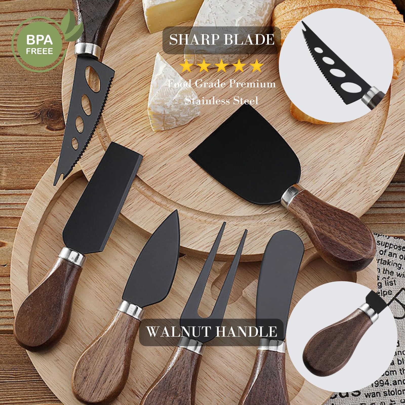 Premium Charcuterie Board Accessories Set - 6-Piece Cheese Knives, Mini Serving Tongs, Spoons, Forks & Honey Dipper - Perfect for Cheese Platters, Charcuterie Displays, Wine Parties & Wedding Gifts (Elegant Black)