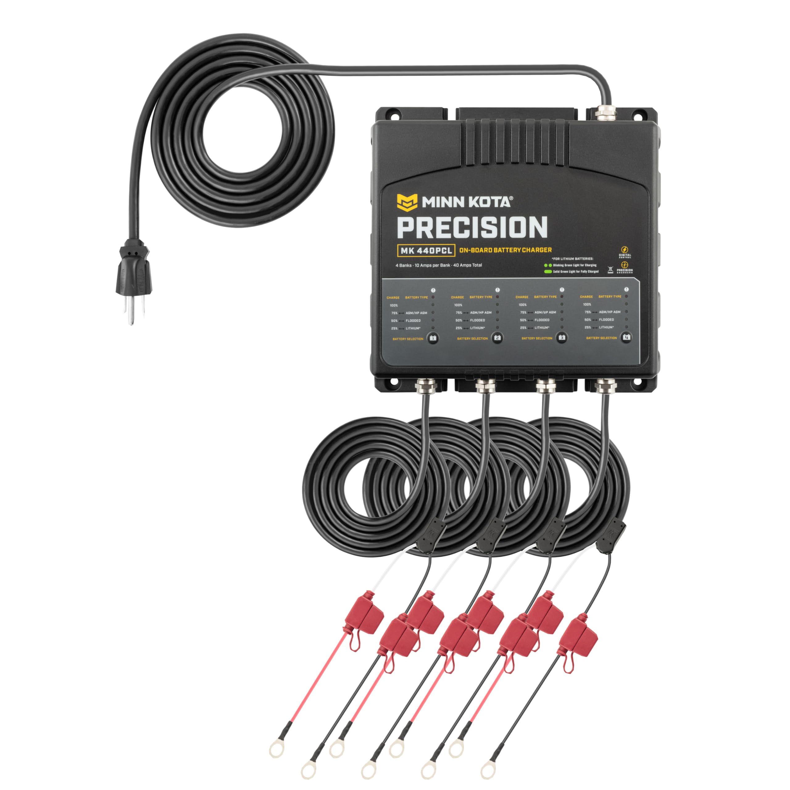 Minn Kota Precision Charger MK 440 PCL - 4 Bank 10A Marine Battery Charger for Boats, Trolling Motors & Watercraft | Fast Charging & Maintenance Mode