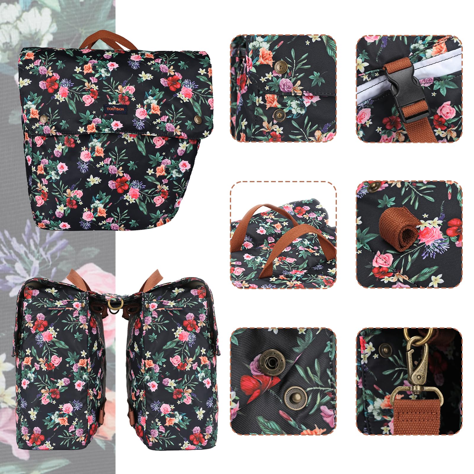 TOURBON Bike Pannier Bag - Waterproof Double Side Rear Rack Bicycle Seat Bag with Roll-Up Design (Black Floral Pattern) - Perfect for Commuting, Cycling Tours & Outdoor Adventures