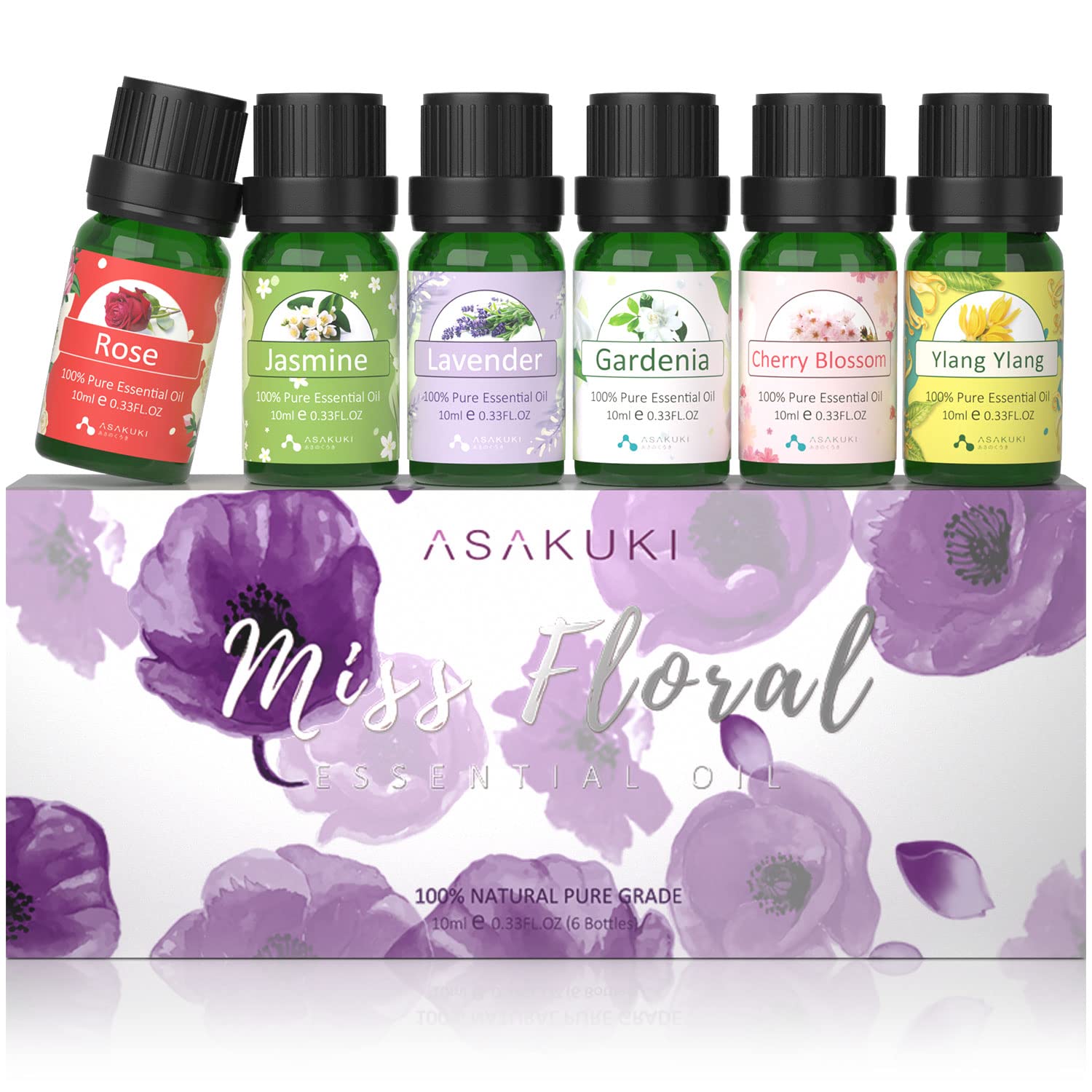 ASAKUKI Premium Floral Essential Oils Set - 6 Pack (10ml Each) with Jasmine, Ylang Ylang, Rose, Lavender, Cherry Blossom & Gardenia for Aromatherapy, Diffusers, Hair Care, Candle & Soap Making - Perfect for Relaxation, Spa & Home Fragrance