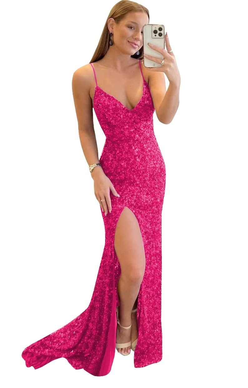 Sparkly Sequin Mermaid Prom Dresses for Women - Backless Formal Evening Gown with High Slit in Hot Pink (Size 18) | Perfect for Homecoming, Pageants & Special Occasions