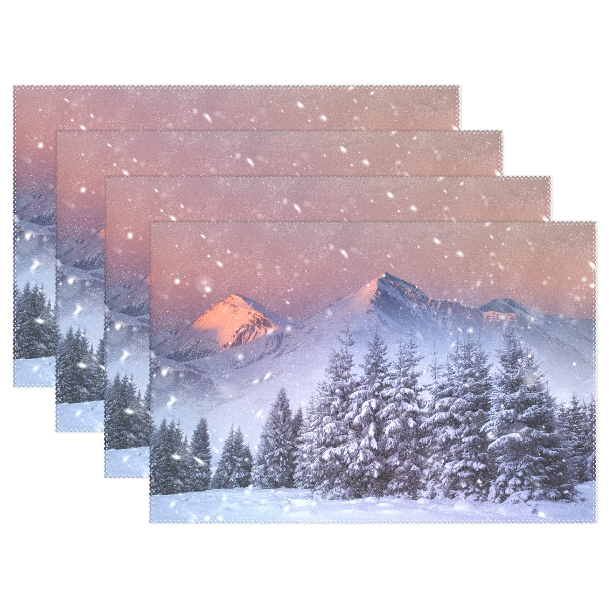 ZZKKO 12x18 Inch Square Placemats Set of 4 - Winter Snowfall Forest Mountain Design, Washable Polyester Table Mats for Dining & Kitchen Decor (Multicolor) - Perfect for Holiday Dinners, Cozy Winter Meals, and Seasonal Home Decoration