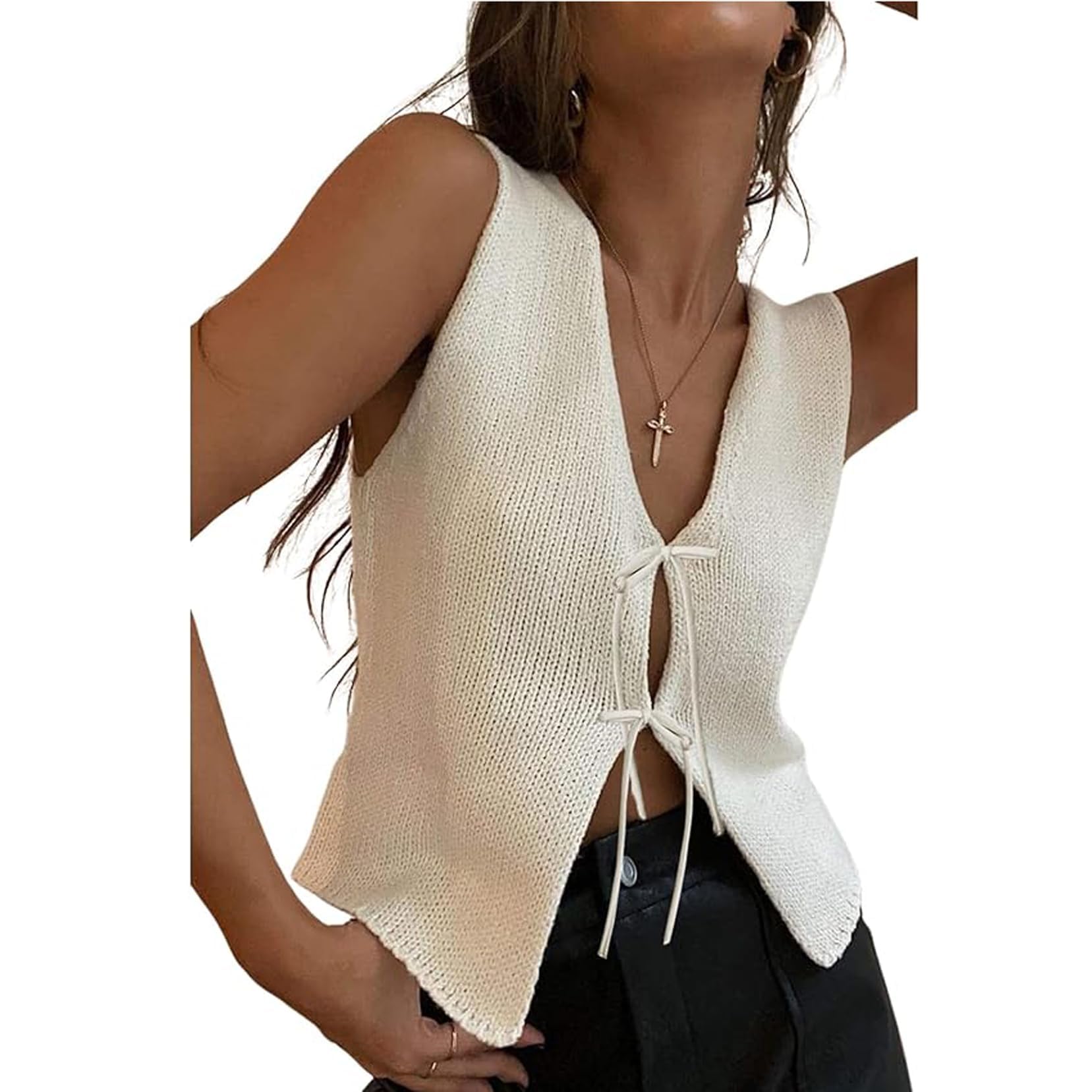 Women's Crochet Knit Vest Top - Y2K Tie Front V-Neck Sleeveless Shirt for Summer | Cute Streetwear Outfits for Going Out, Beach, Music Festivals & Casual Wear