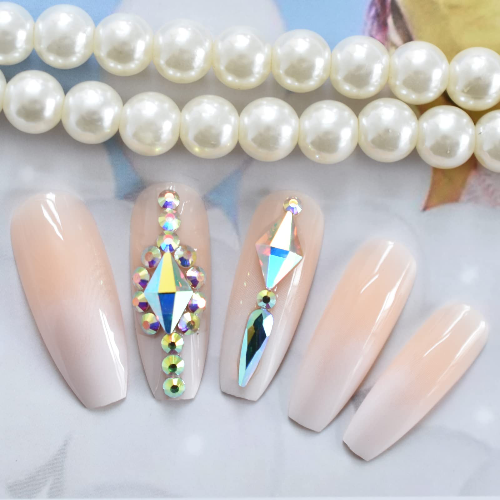 3D Bling Rhinestone Glitter Pink Nude Press on French Nails - Long Ballerina Coffin False Nails with Gradient Design - Natural Salon Manicure Reusable Fake Nails Art Tips for Parties, Weddings & Special Occasions