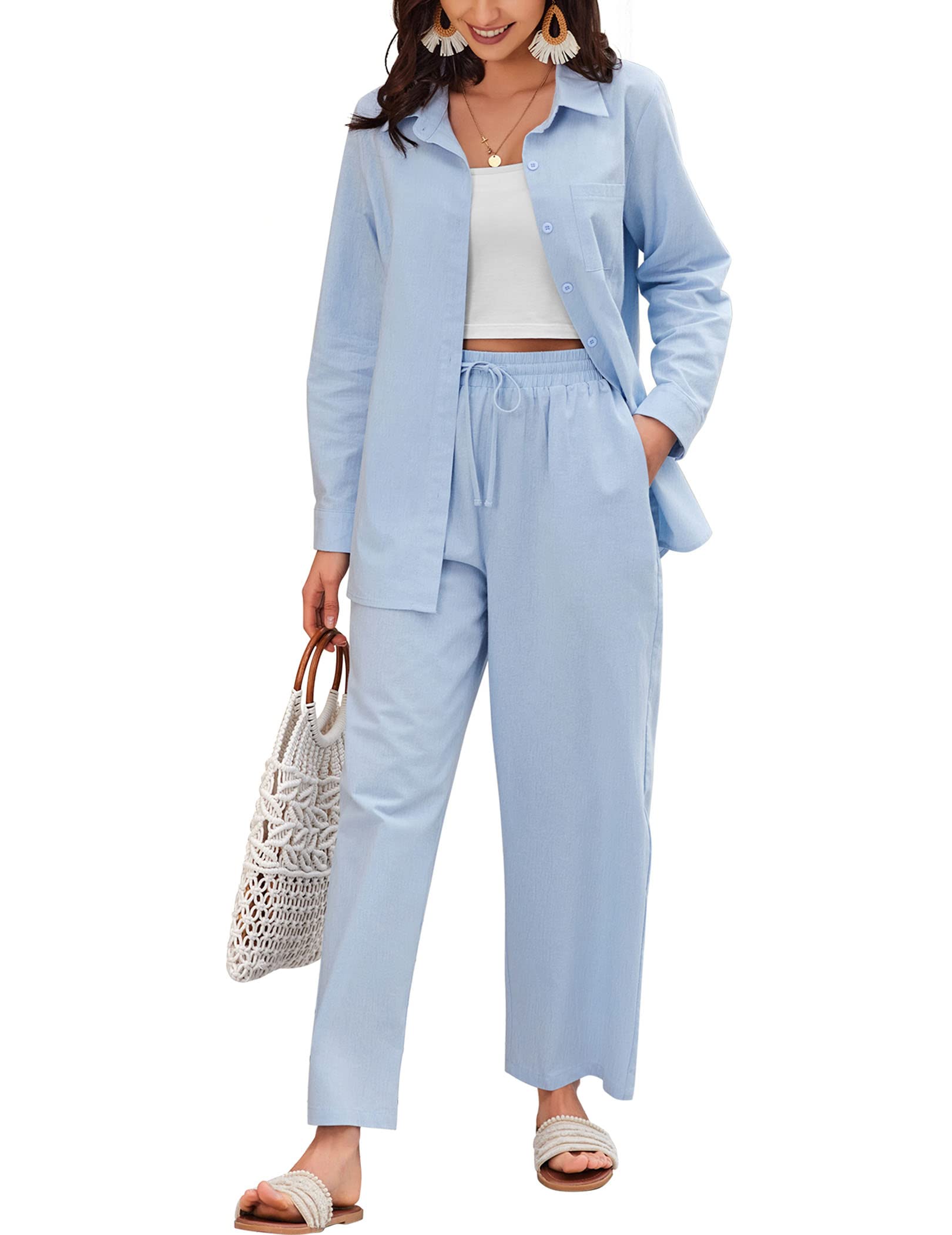 Zeagoo Women's Linen Suit 2-Piece Outfit - Breathable Summer Linen Shirt & Pants Set for Beach Vacation, Casual Wear & Outdoor Activities