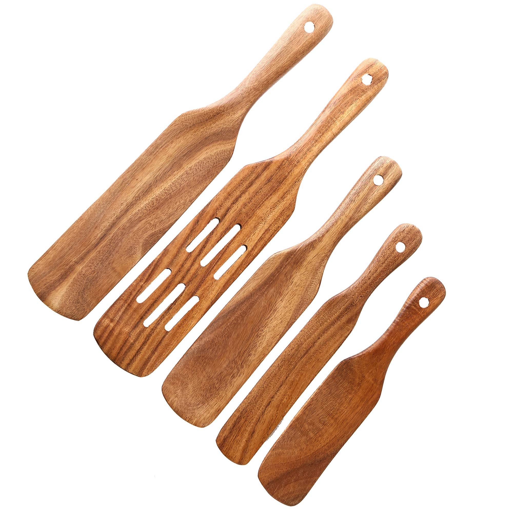 5PCS Premium Teak Wood Spatula Set - Non-Stick Kitchen Utensils with Hanging Hole, Slotted Stirring Spoon for Pans & Cookware - Ideal for Cooking, Baking and Serving (As Seen on TV)