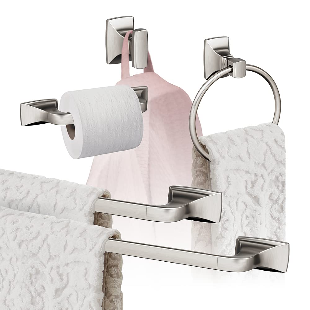 Amerock Brushed Nickel Highland Ridge 5-Piece Bathroom Accessories Set - Modern Vanity Organizer for Bathroom Decor, Towel Holder, Soap Dispenser & More