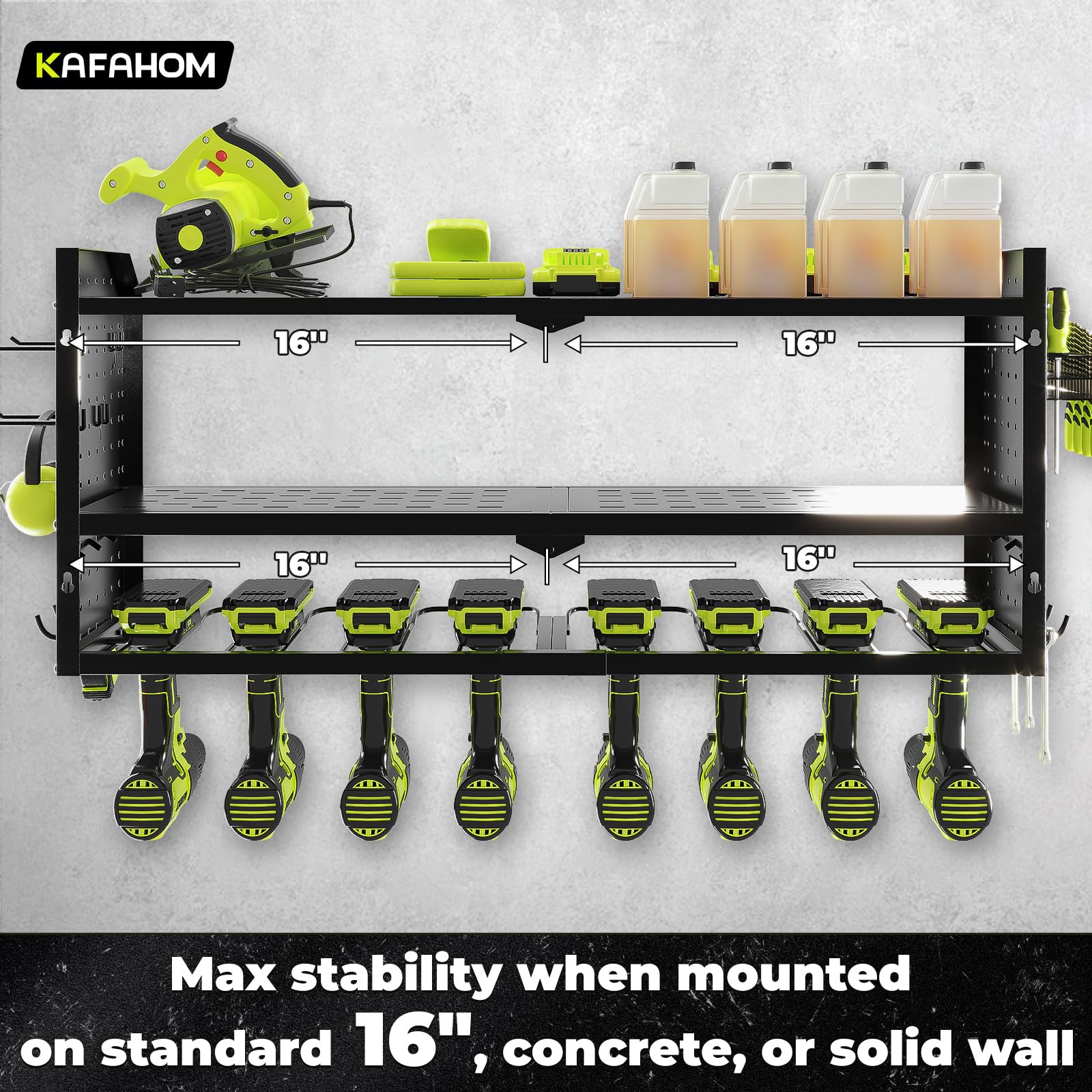 **KAFAHOM Heavy Duty Metal Power Tool Organizer with Charging Station - 8 Outlet Power Strip & 8 Drill Holder Wall Mount, Garage Storage Rack & Shelf for Workshop, DIY, and Home Improvement (Black)**