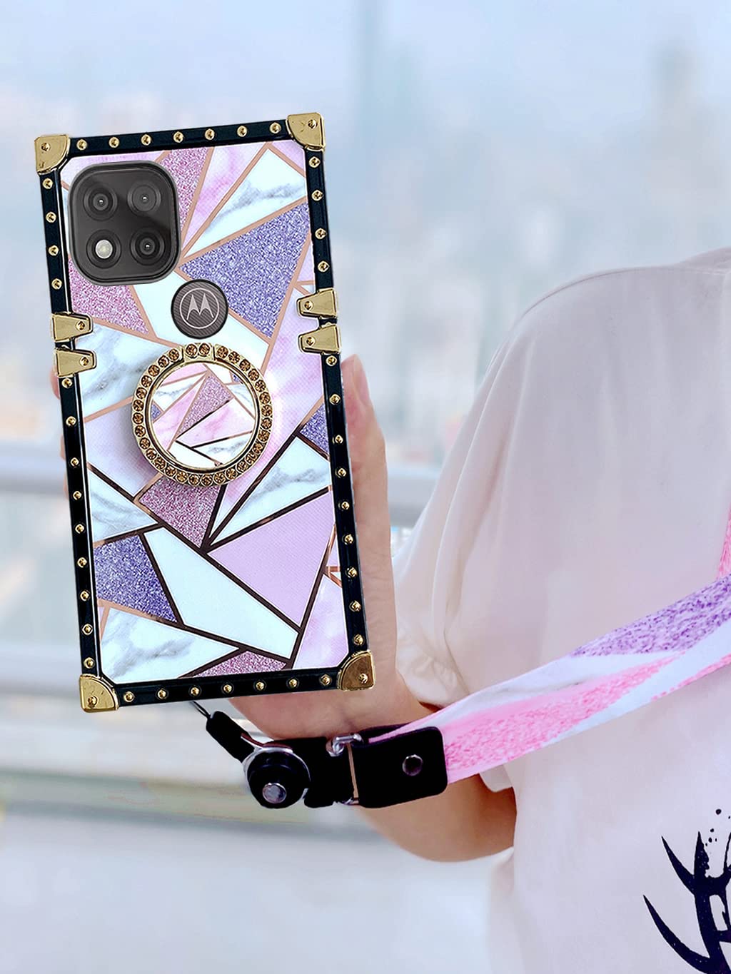 Luxury Bling Glitter Marble Phone Case for Moto G 5G / One 5G Ace 6.7 Inch - Shockproof Protective TPU Silicone Cover with Neck Lanyard, Stylish Cute Pink Case - Perfect for Daily Use, Travel, and Gift Giving