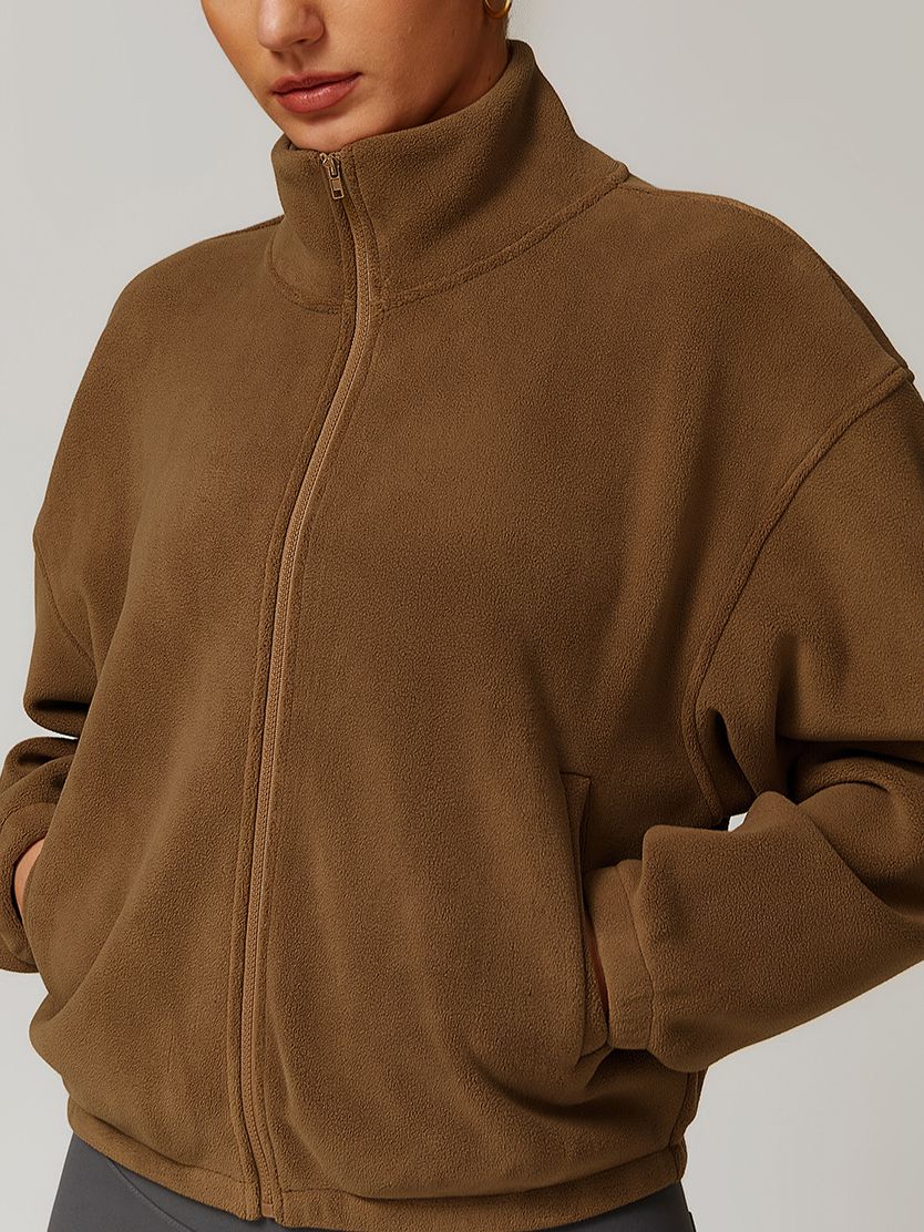 ZASUWA Women's Fleece Jacket with Zipper Pockets & Stand-Up Collar - Cozy Winter Outerwear for Hiking, Camping & Outdoor Activities