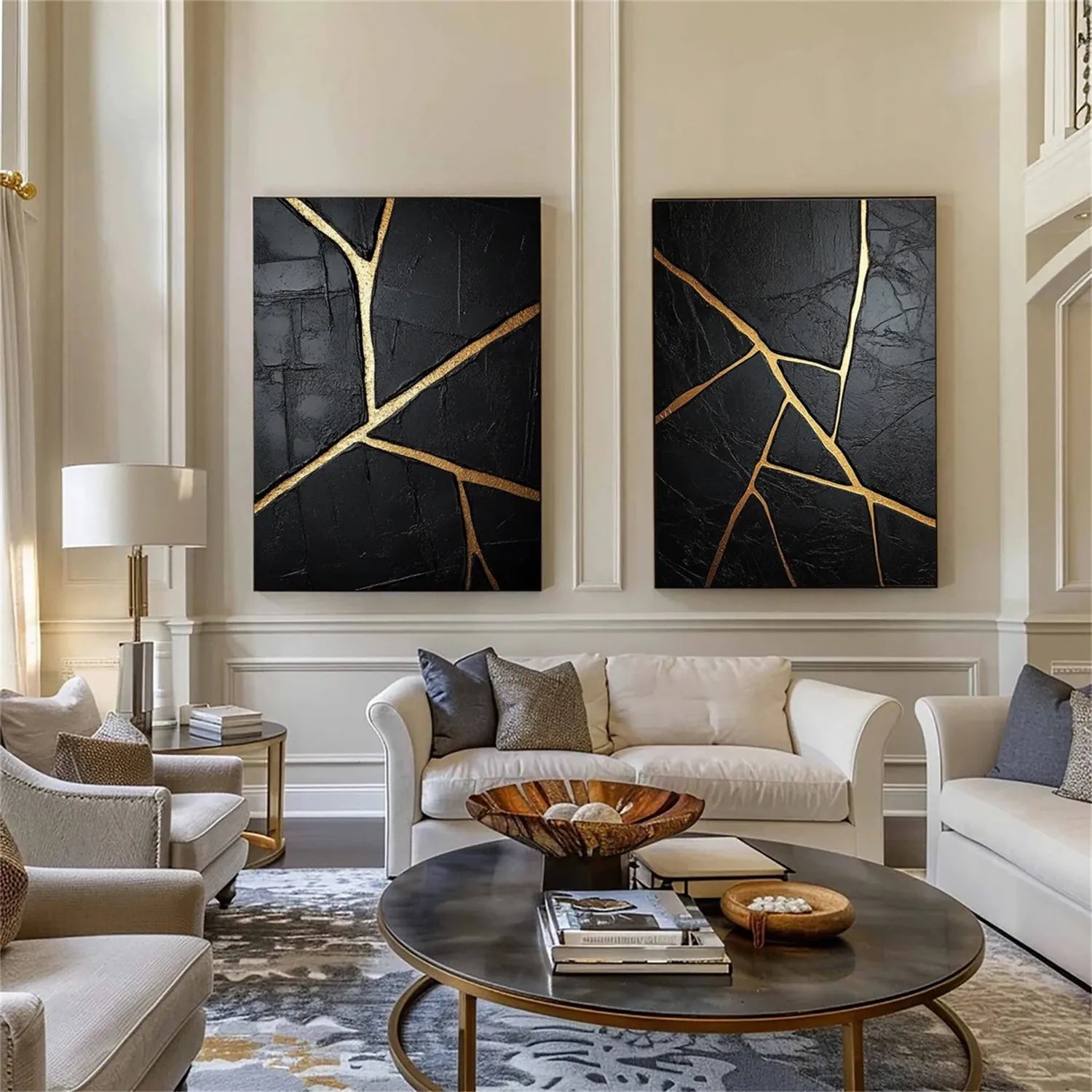Black Gold Minimalist Textured Wall Art - Set of 2 Modern Abstract Paintings #MZ135 for Living Room, Bedroom & Office Decor