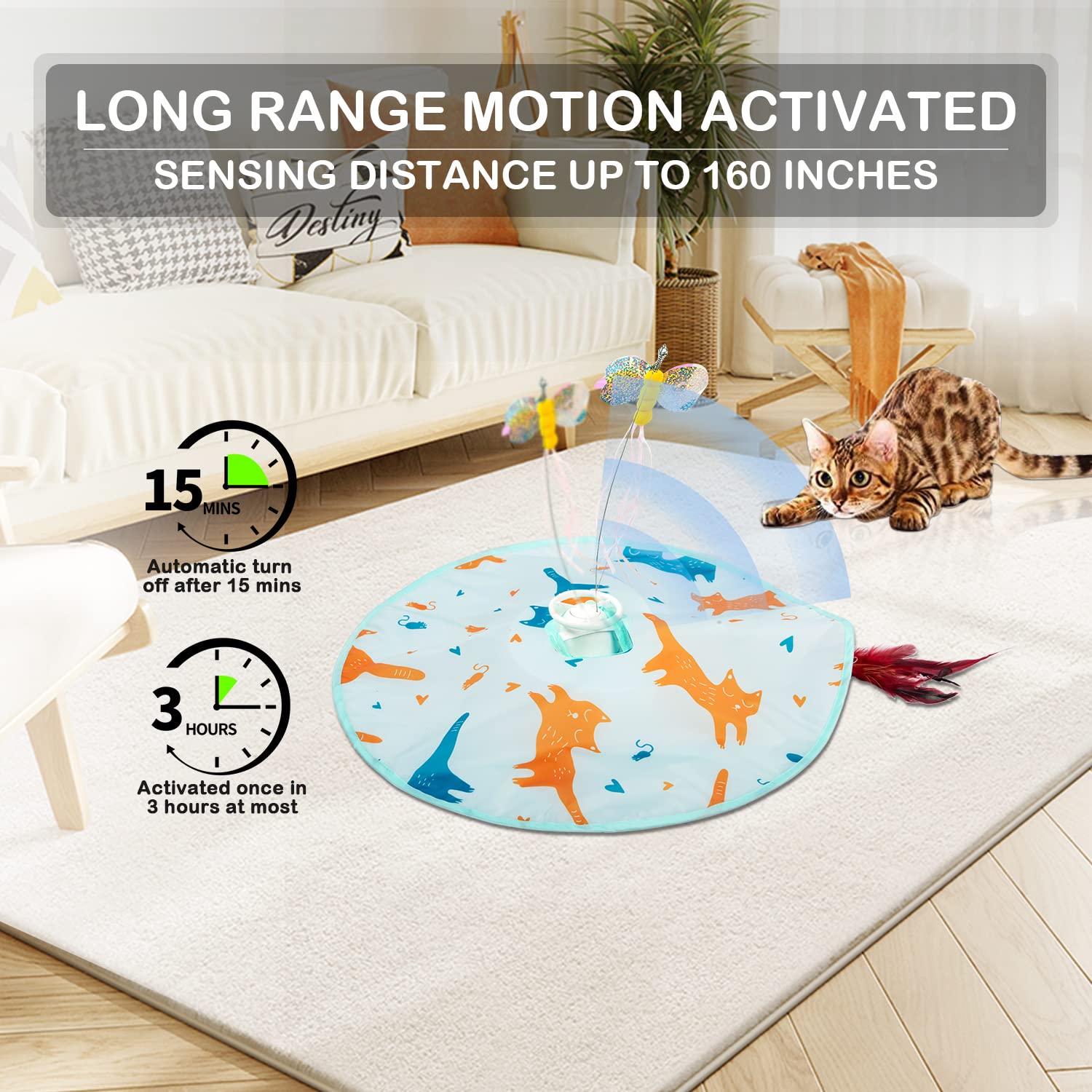 2-in-1 Rechargeable Motion Activated Interactive Cat Toys for Indoor Cats - Long Lasting Motorized Chasing Toy with Butterfly & Feather Wand for Exercise & Play | Perfect for Boredom Relief & Active Playtime