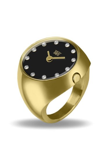 Davis 2015M Women's Yellow Gold Finger Ring Watch with Swarovski Crystals, Sapphire Glass & Black Dial - Size 55 - Elegant Jewelry for Parties, Weddings & Special Occasions