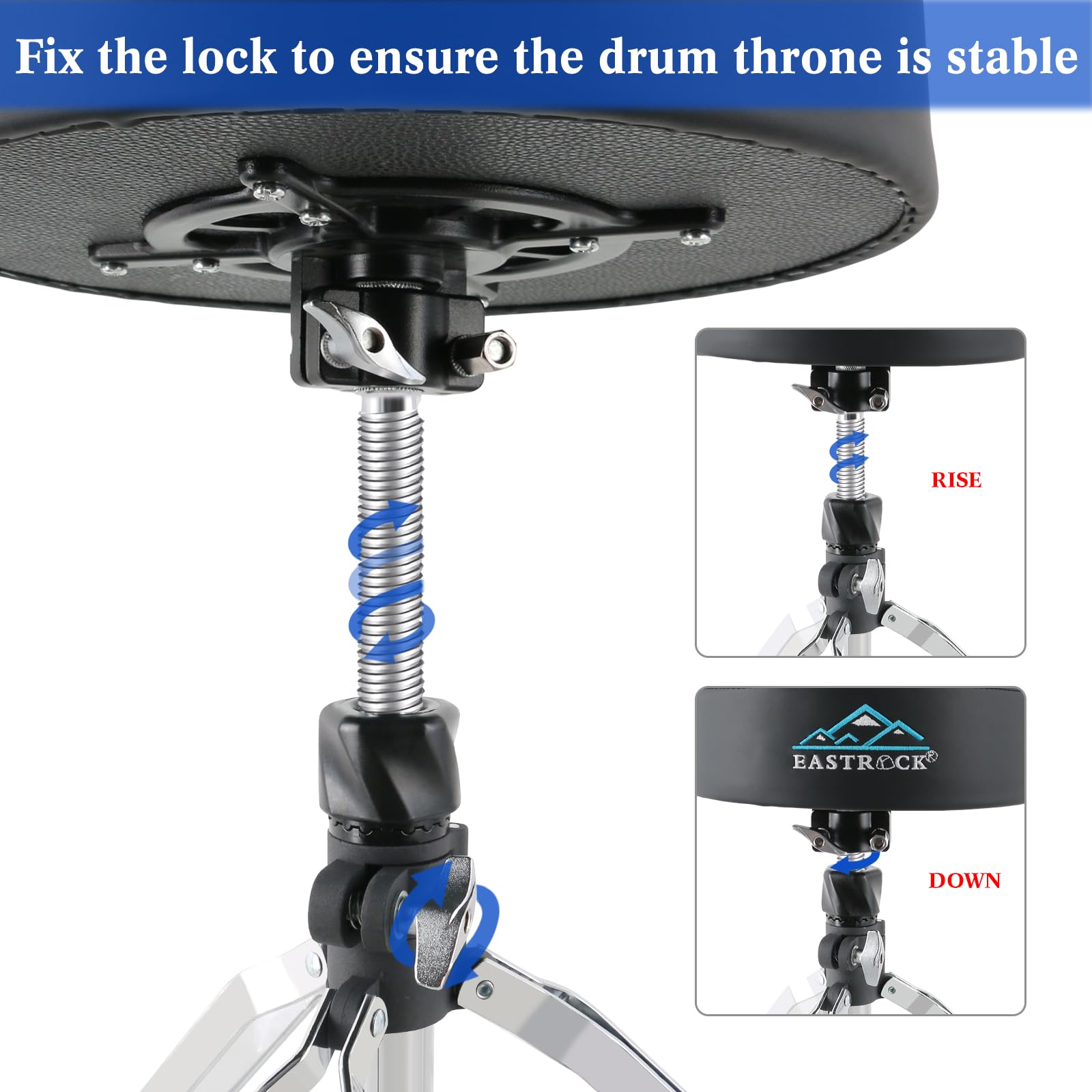 EASTROCK Heavy Duty Rotatable Drum Throne with Wide Padded Seat - Adjustable Height Drum Stool for Adult Drummers (Black) | Perfect for Drum Practice, Live Performances & Studio Recording Sessions