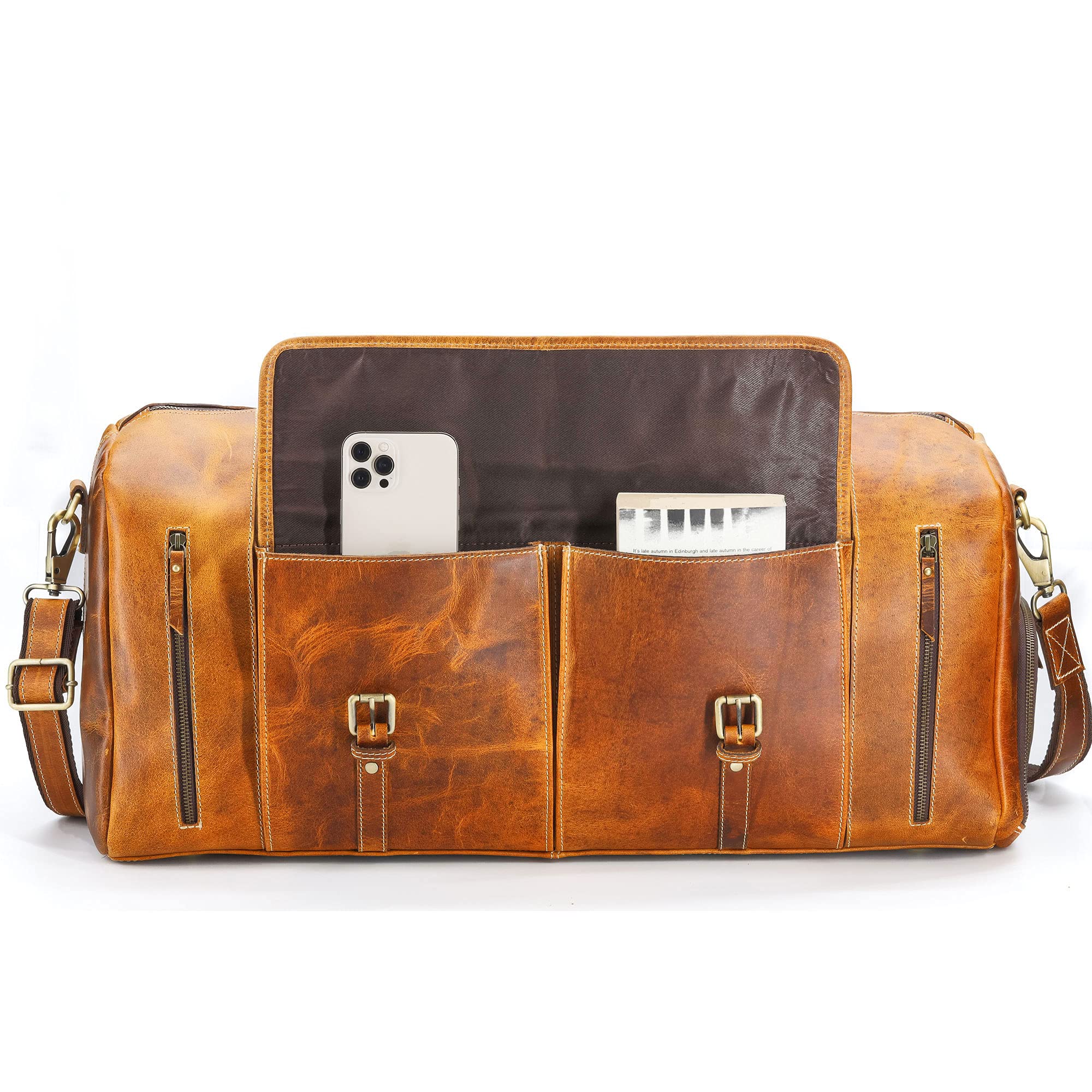 Premium Full Grain Leather Duffel Bag for Men & Women - 24 Inch Tan Travel, Gym & Overnight Weekender Bag - Durable Carryall for Sports, Business Trips & Weekend Getaways