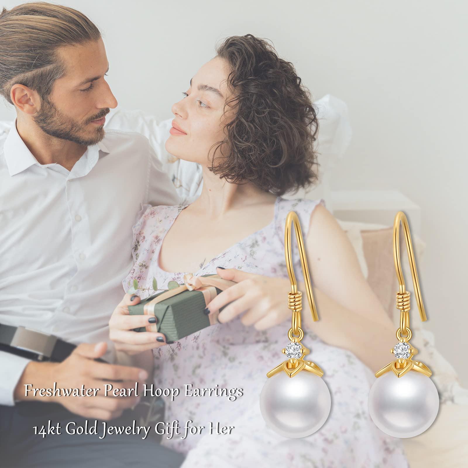 14K Solid Gold Freshwater Pearl Drop Earrings for Women - 8mm Handpicked Cultured Pearl Dangling Heart Earrings - Elegant Jewelry Gift for Her, Wife, Mom - Perfect for Weddings, Anniversaries & Special Occasions