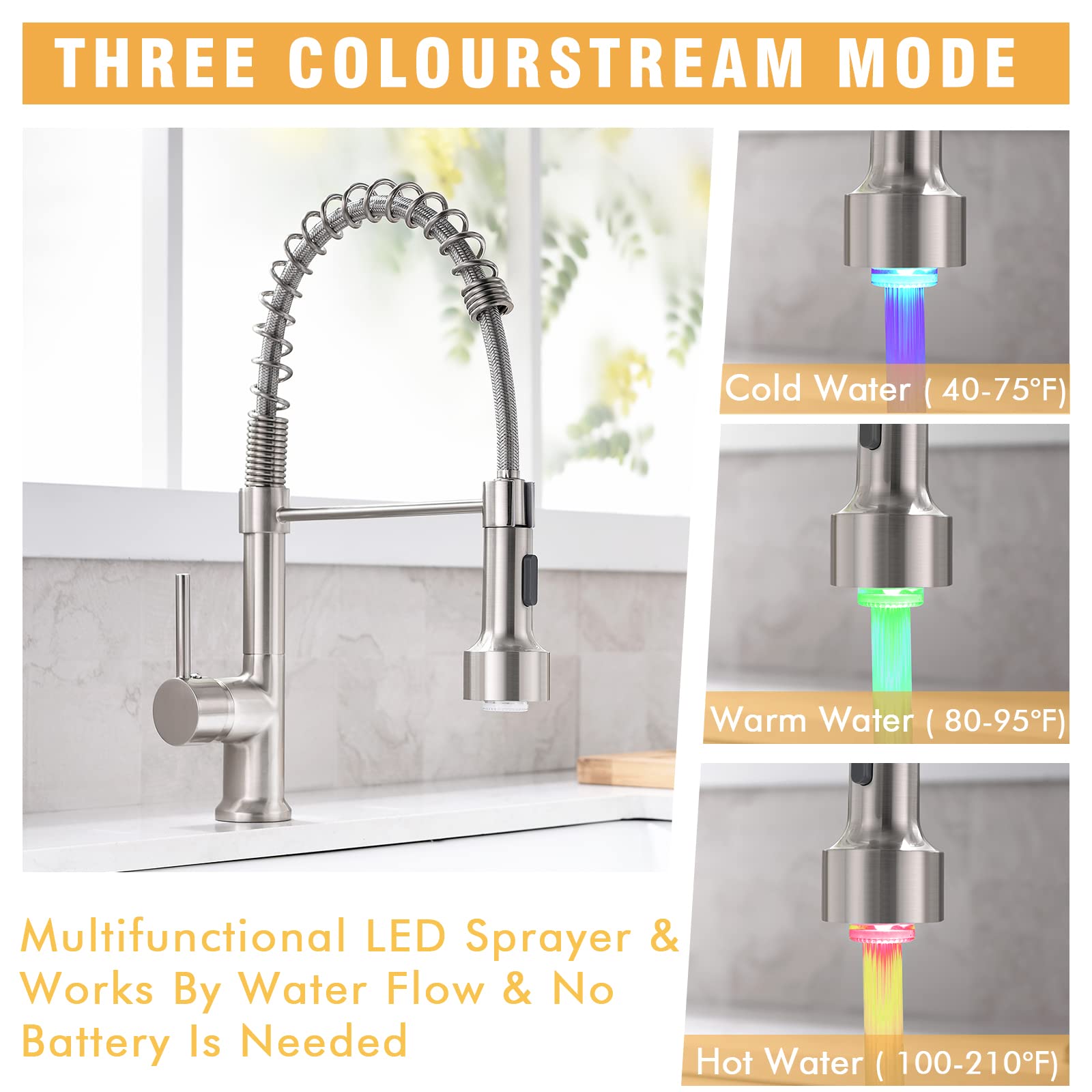GIMILI Brushed Nickel Single Handle Pull Down Sprayer Kitchen Faucet with Soap Dispenser & LED Light - Modern Touchless Water Saving Design for Home Kitchen Sink