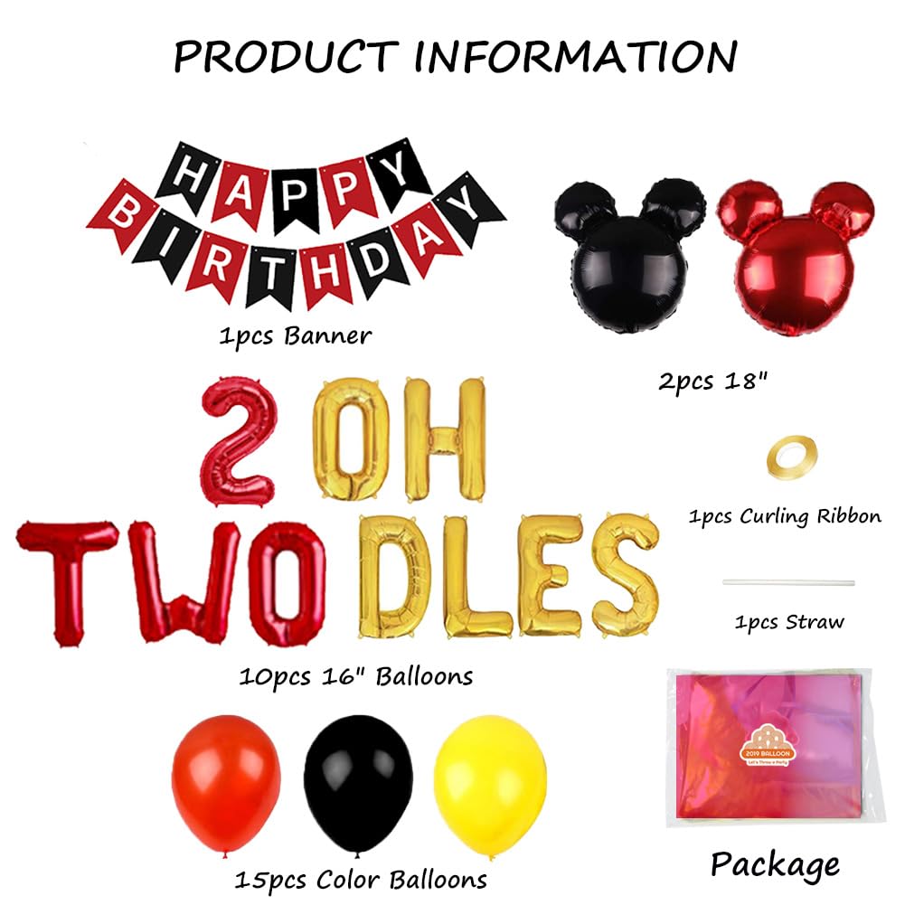Oh Twodles Birthday Party Supplies - Mickey & Minnie Themed 2nd Birthday Decorations Set with Balloons, Banner & Garland for Boys & Girls | Perfect for 2nd Birthday Parties, Baby Showers & Disney Themed Celebrations
