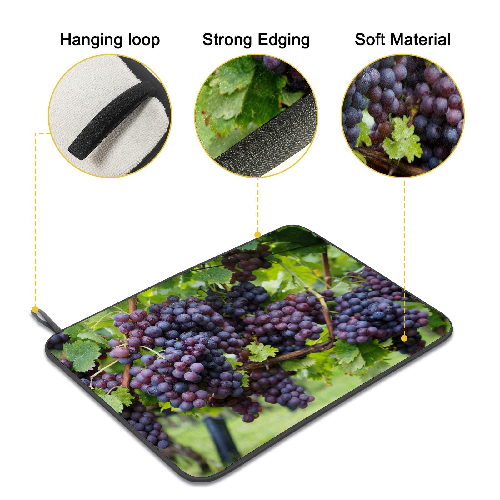 Purple Grapes Dish Drying Mat - Reversible Microfiber Kitchen Counter Mat (18x16in) for Dishes & Fruits