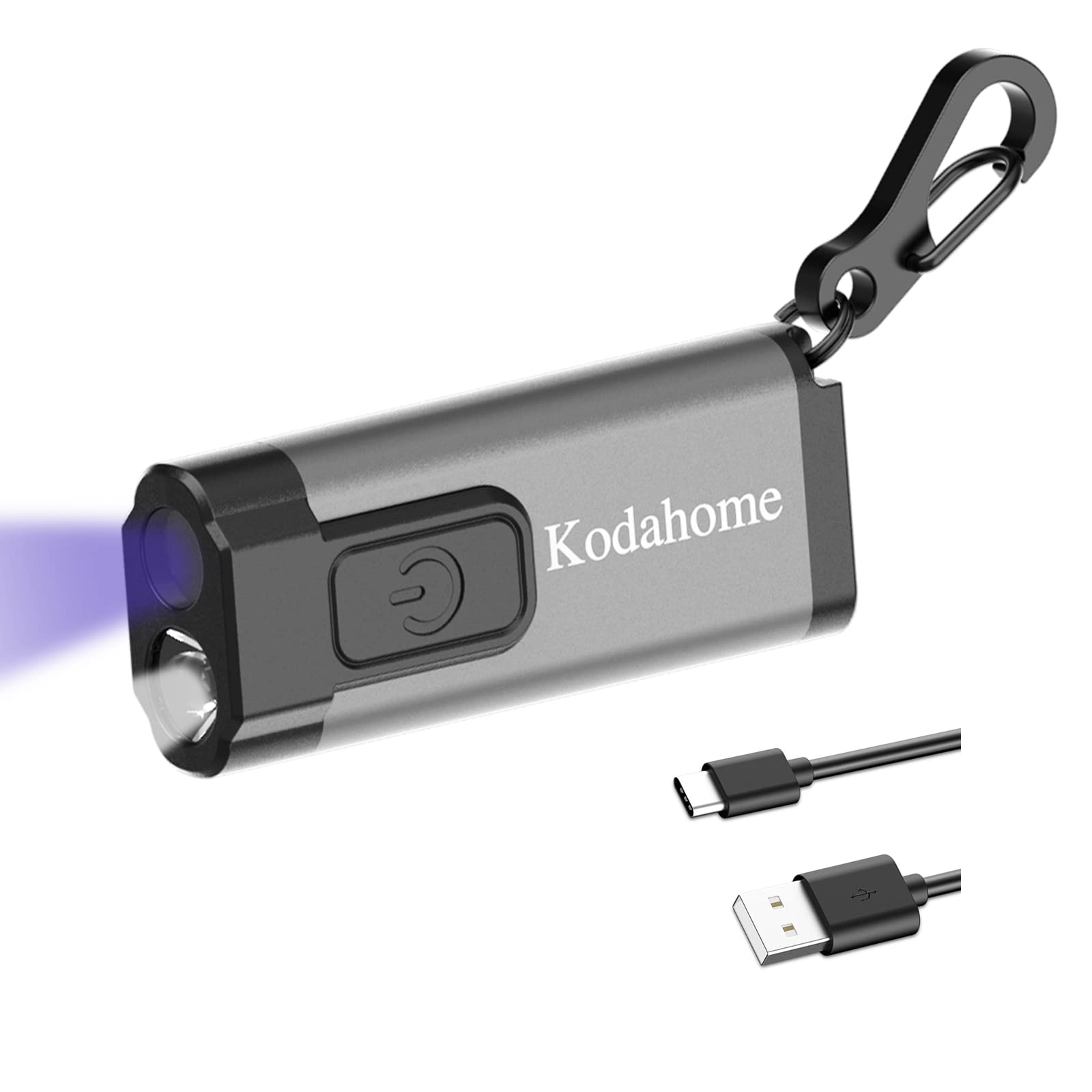 Kodahome Rechargeable LED Flashlight with UV Blacklight - 60lm Super Bright Keychain Light, 365nm Pet Urine Detector, USB C Charging for Camping, Hiking, Home Inspection & Emergency Use (Grey)