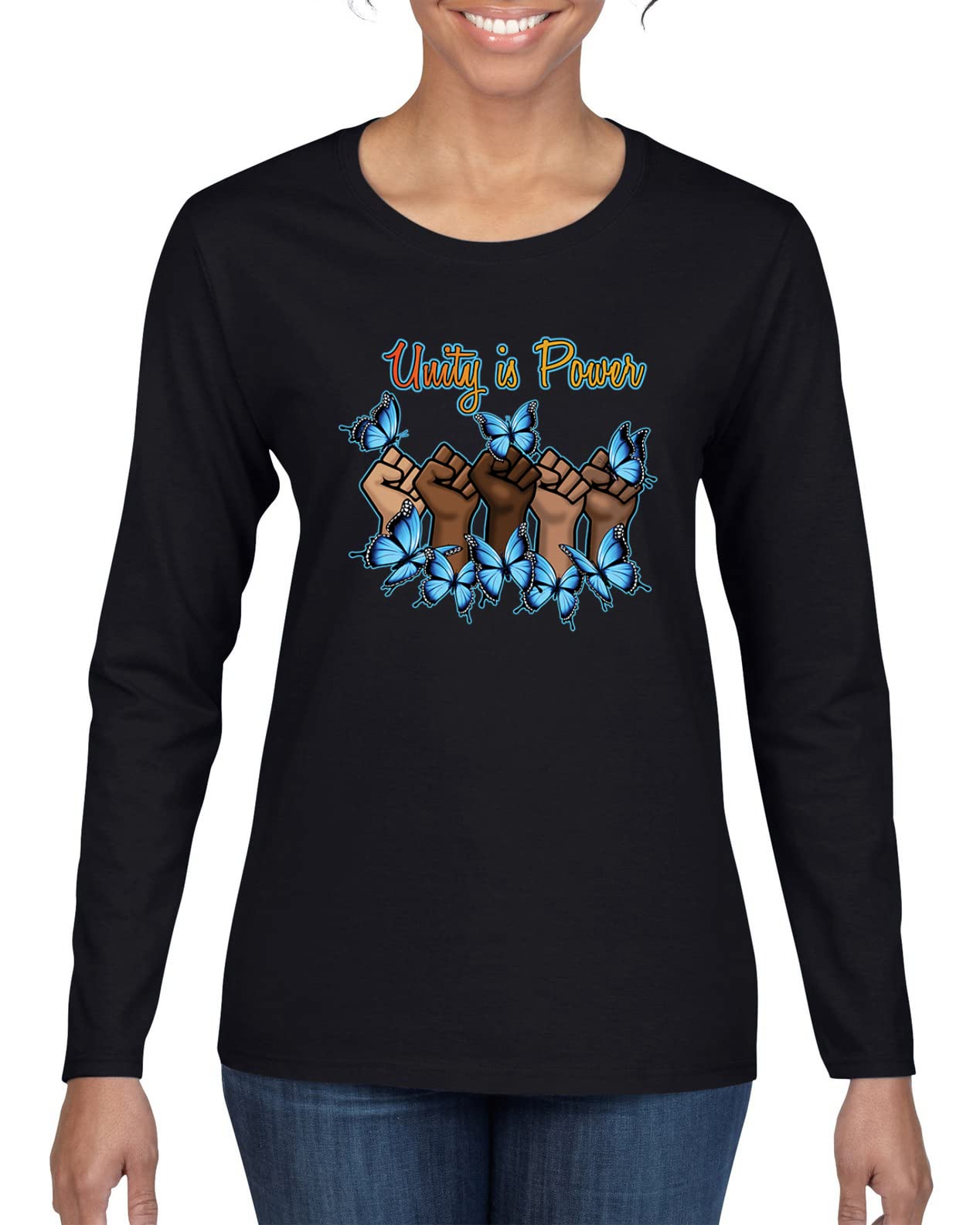 Wild Bobby Unity is Power Black Pride Women's Graphic Long Sleeve T-Shirt - Black History Month & Social Justice Apparel for Women