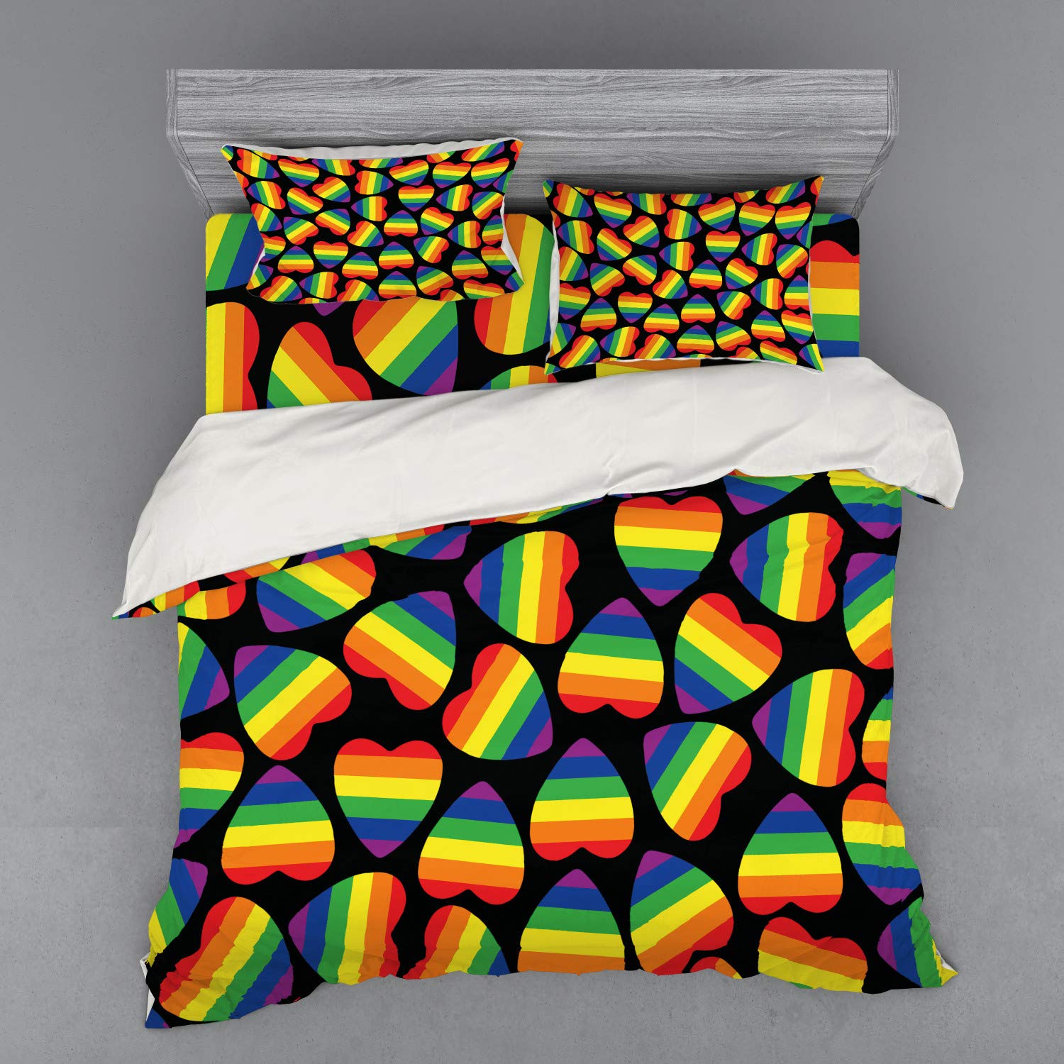 Ambesonne Pride Duvet Cover Set - Rainbow Striped Heart Design on Black Background, 4-Piece LGBTQ+ Bedding Set with Shams & Fitted Sheet, King Size Multicolor - Perfect for Pride Month, Bedroom Decor & LGBTQ+ Themed Rooms
