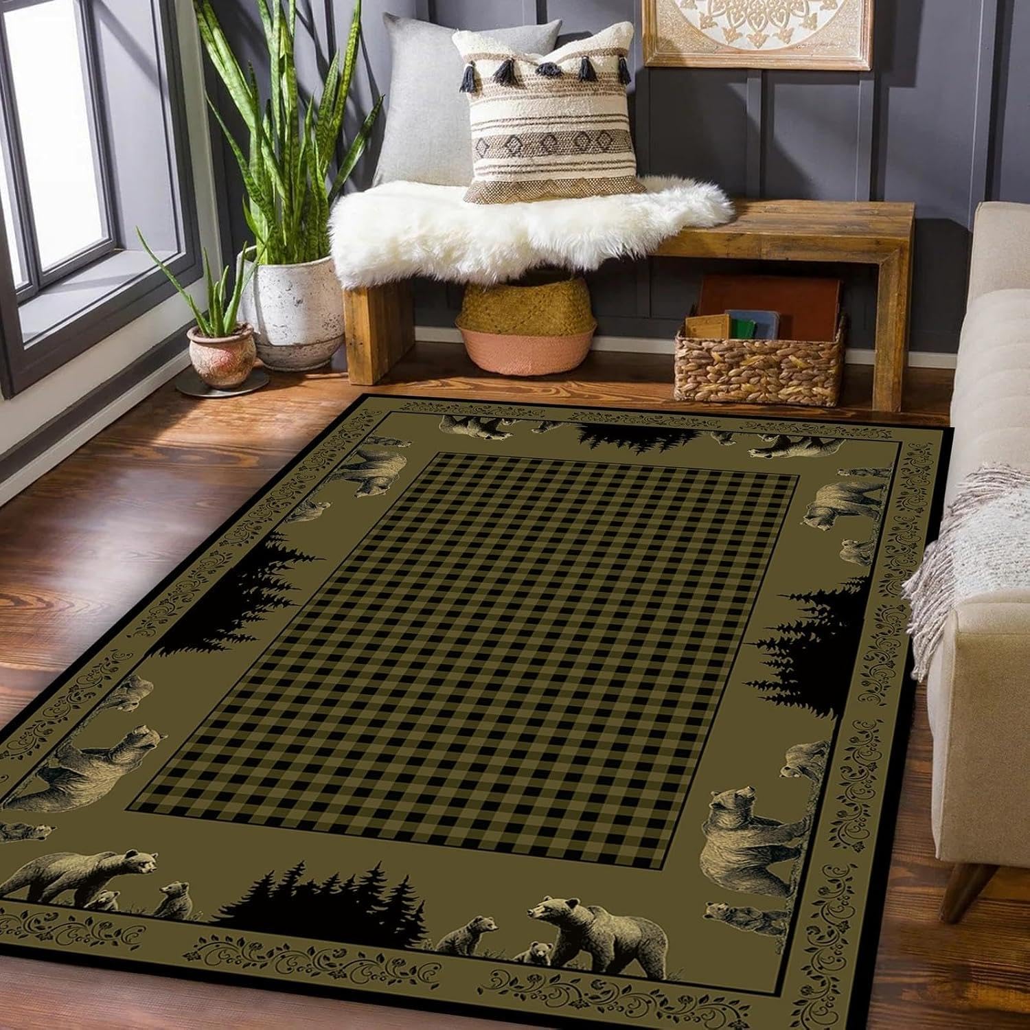 Rustic Bear Rug with Cub Scene - Non-Slip 5x8ft Lodge Decor Cabin Rug | Durable Washable Wildlife Rug for Living Room, Bedroom & Entryway | Perfect Country Home Floor Decor for Cozy Cabins & Hunting Lodges
