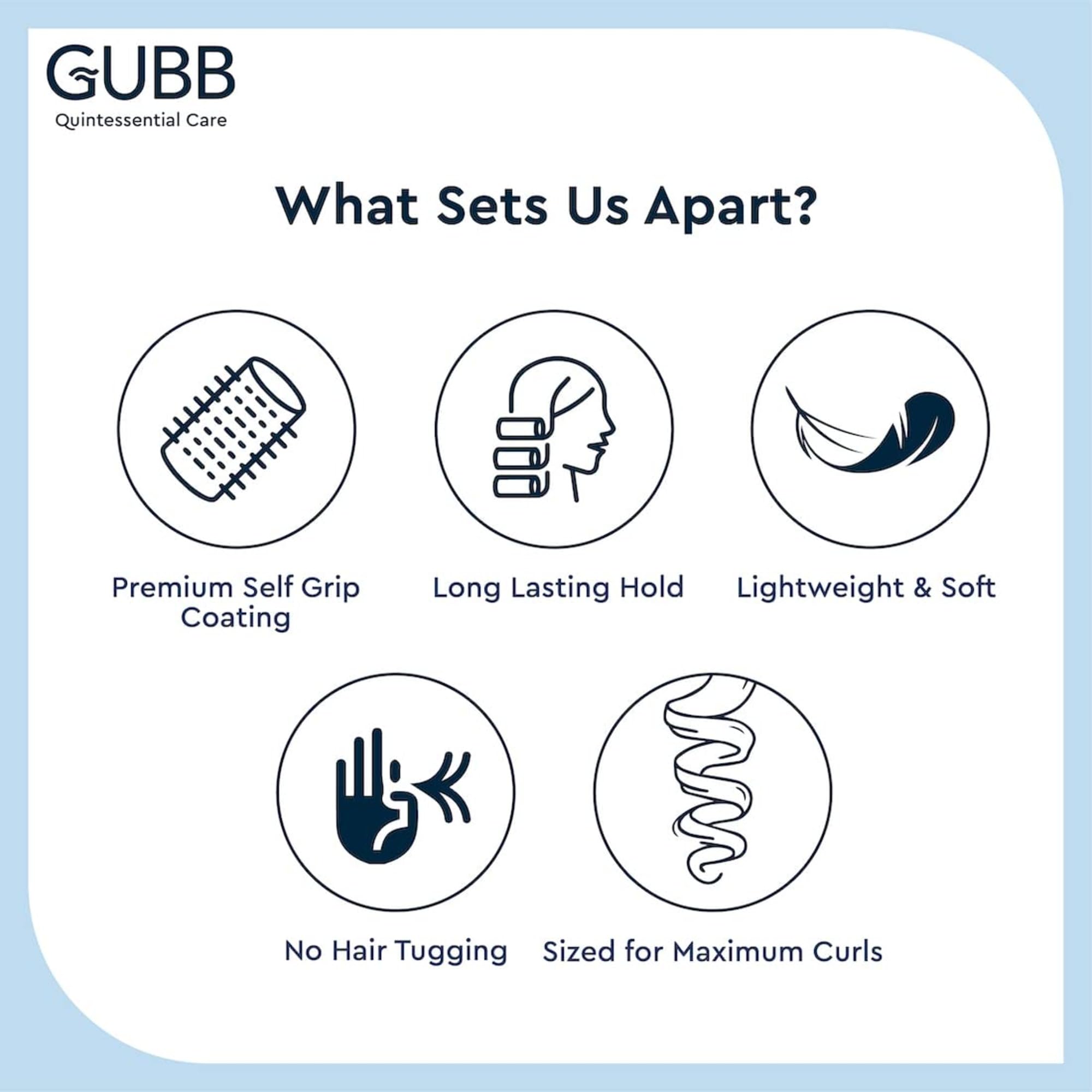 GUBB Self Grip Hair Rollers for Curling - 12 Pack Small Hair Rollers with Clips for Women, Blue | Perfect for Home Styling, Salon Use & Travel-Friendly Curling Tools