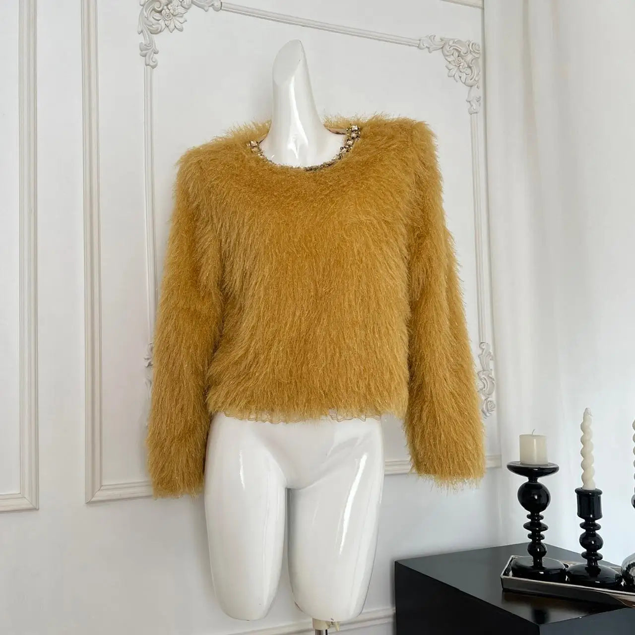 2024 Korean Style Women's Yellow Diamond Round Neck Short Mink Sweater - Warm Winter Casual Tops for Elegant Vacation & Daily Wear | Cozy Fall/Winter Fashion Outfit