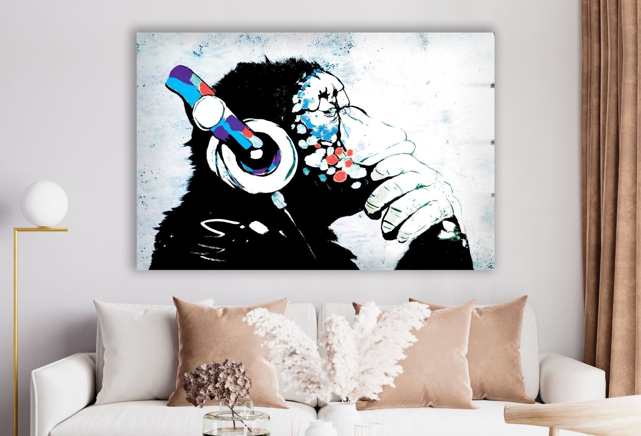 Banksy DJ Monkey Glass Wall Art - Modern Home Decor for Living Room, Bedroom & Office - Unique Street Art Gift for Music Lovers