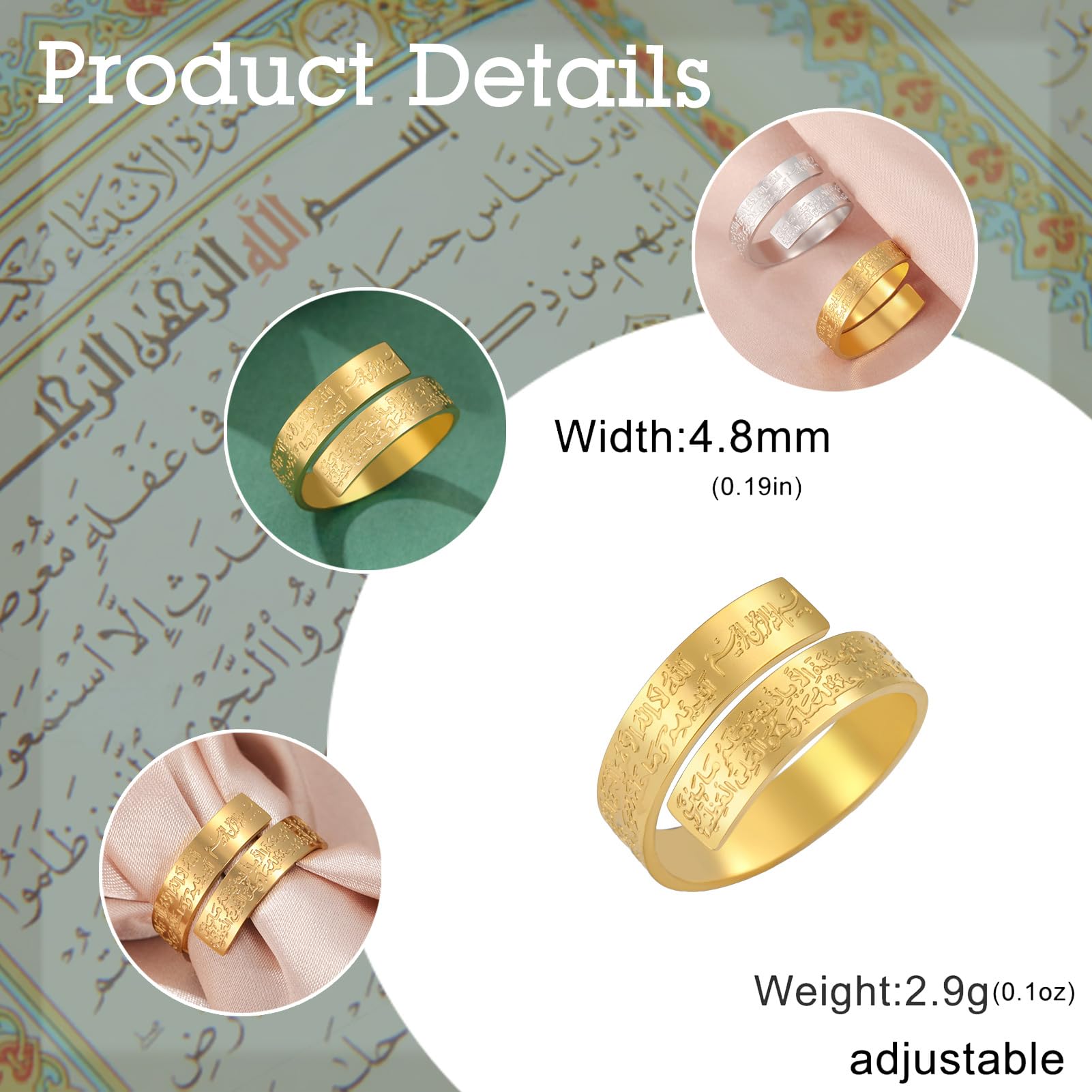 Dreamtimes Islamic Ayatul Kursi Ring - Openable Quran Allah Ring for Women & Men - Arabic Calligraphy Jewelry - Perfect Muslim Gift for Eid, Ramadan & Daily Wear
