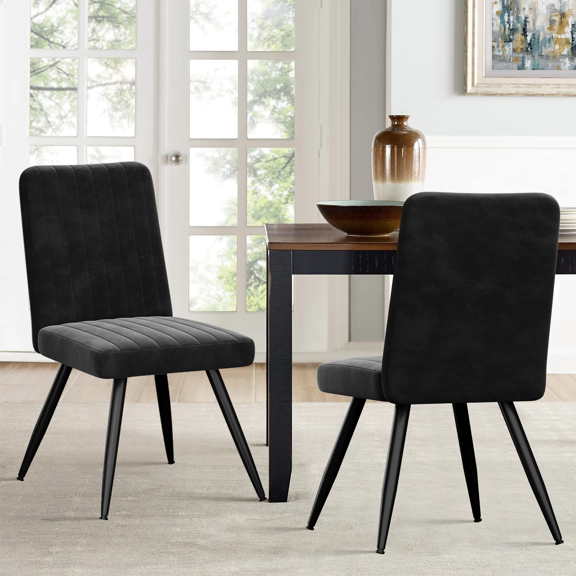 Modern Velvet Dining Chairs Set of 2 - Upholstered Mid Century Kitchen Accent Chairs with Metal Legs, Armless Leisure Chairs for Living Room, Office Desk or Dining Area - Black | Perfect for Small Spaces, Apartments and Contemporary Home Decor