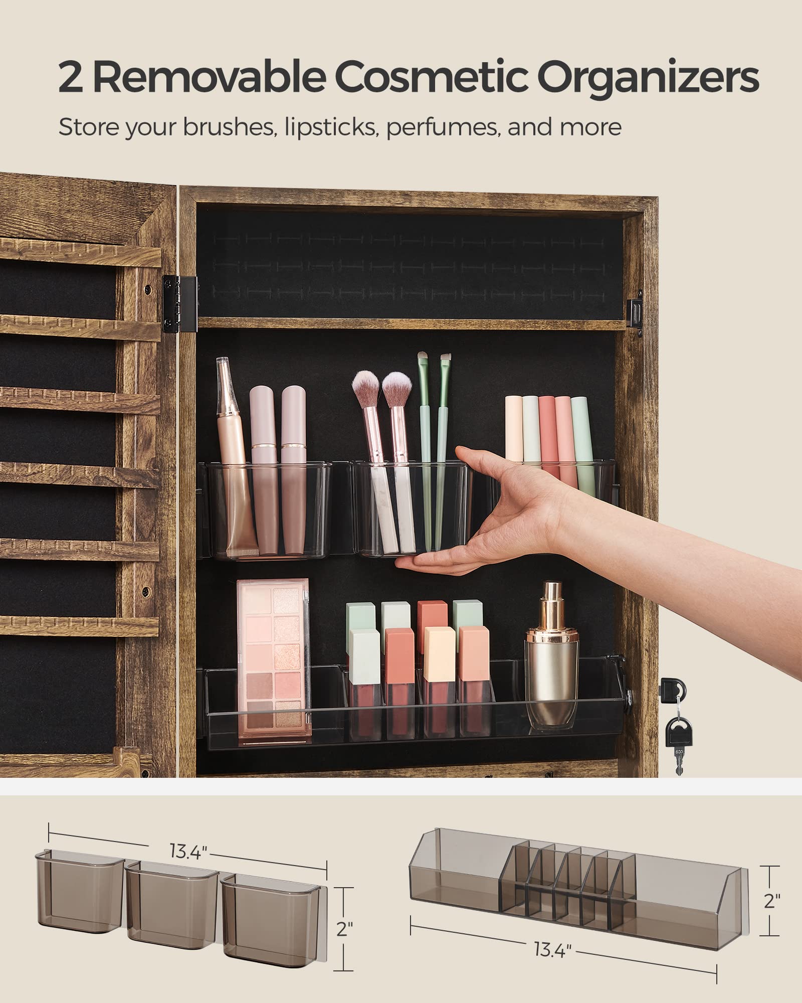 SONGMICS Jewelry Armoire Cabinet with Lock, Wall-Mounted Jewelry Organizer with 2 Cosmetic Trays & Full-Length Mirror, Textured Brown UJJC001X01 - Perfect for Bedroom, Closet & Dressing Room Organization