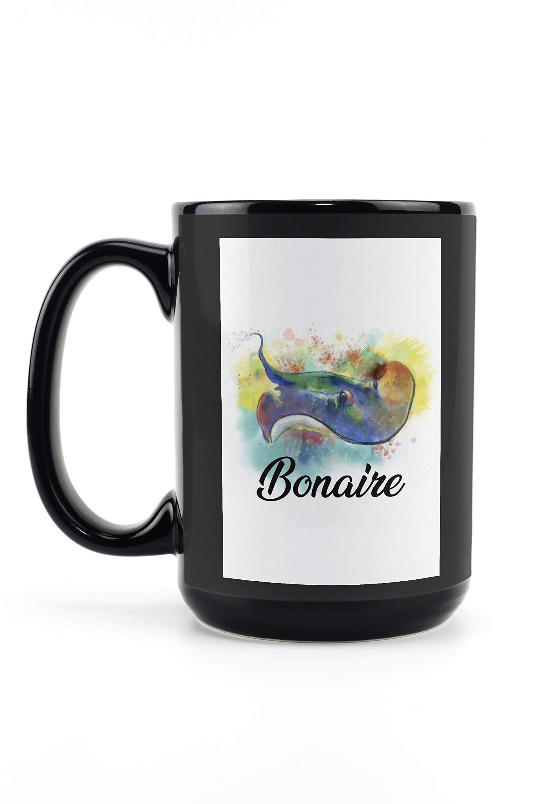 Lantern Press Bonaire Dutch Caribbean Stingray Watercolor Art 15oz Black Ceramic Coffee Mug - Microwave & Dishwasher Safe - Perfect for Home, Office & Gift Giving