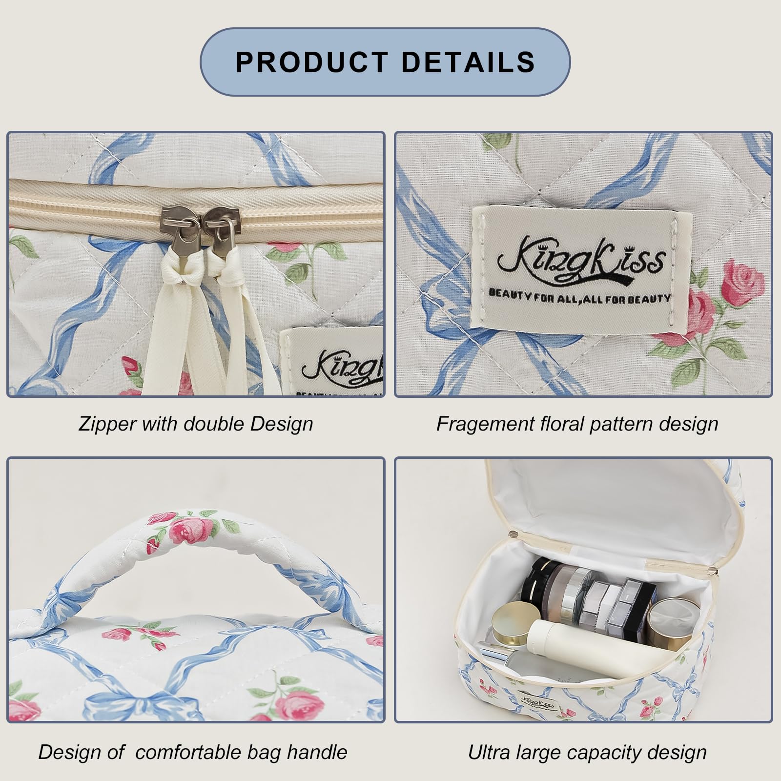 KingKiss 3-Piece Quilted Floral Makeup Bag Set - Large Capacity Travel Cosmetic Organizer for Women & Girls (Blue) | Perfect for Travel, Gym, Daily Use & Gift Giving