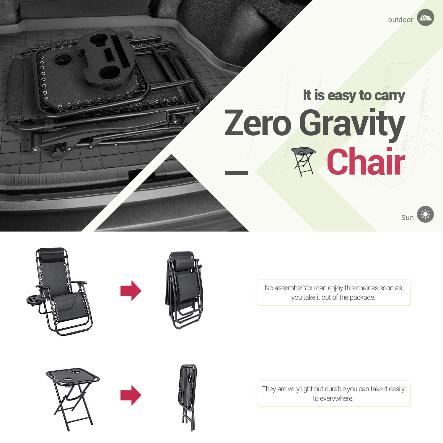 Homall 3-Piece Zero Gravity Lounge Chair Set with Side Table - Patio Folding Recliner, Outdoor Chaise Lounge Chairs for Backyard, Poolside & Camping (Black)