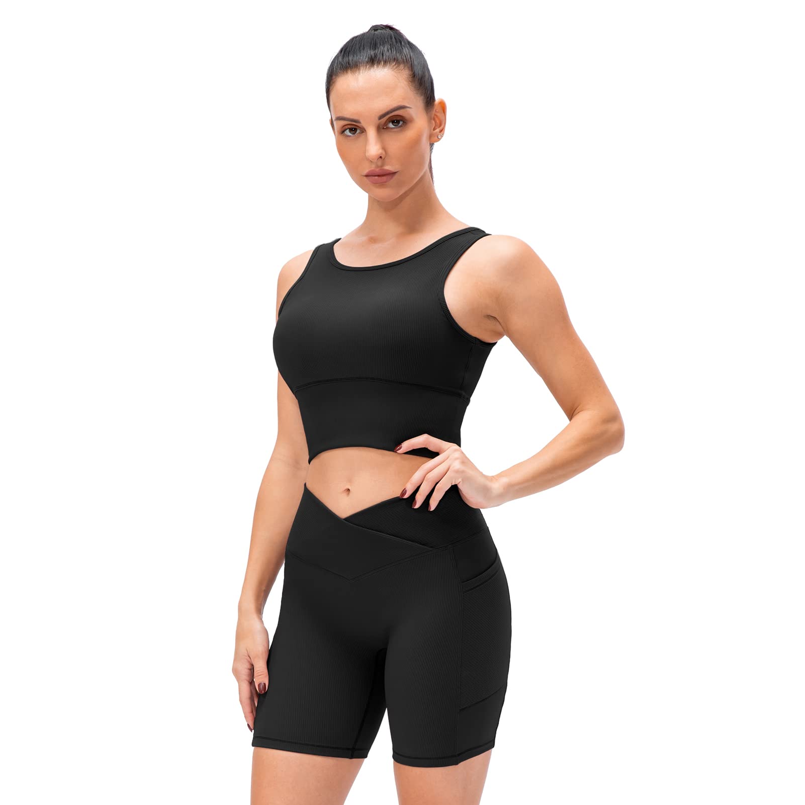 F FABOBJECTS® Women's 2-Piece Workout Set - Ribbed Crop Top & High Waist Yoga Shorts - Gym, Running, Pilates & Lounge Wear