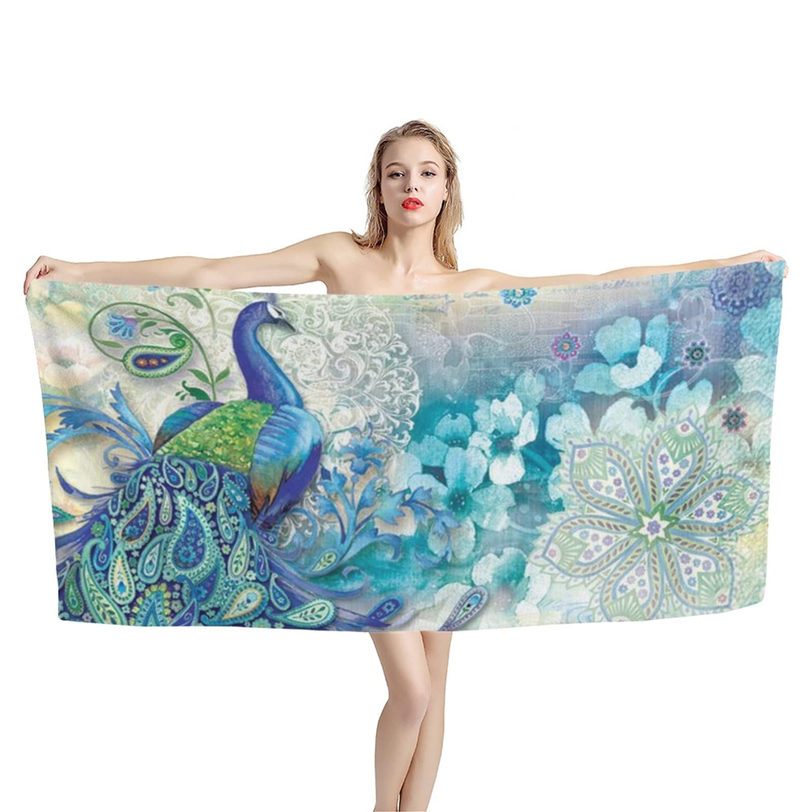 INSTANTARTS Animal Peacock Floral Print Beach Towel - Lightweight Fluffy Oversized Microfiber Swim & Spa Towel for Adults & Kids - Perfect for Pool, Beach, Travel & Gym Use