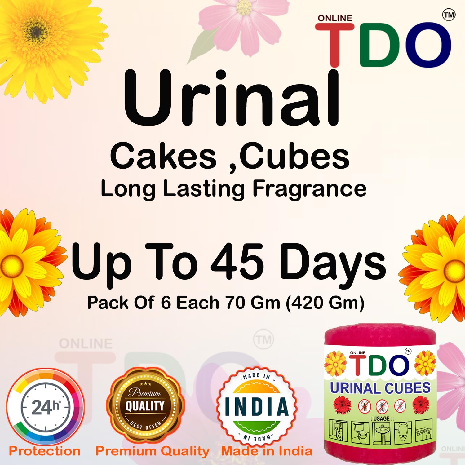 TDO Urinal Deodorizer Cubes - Pack of 6 Sets (420g) | Long-Lasting Toilet & Bathroom Freshener | Naphthalene-Free Urinal Cakes for Washbasins, Sinks & Public Restrooms | Ideal for Homes, Offices & Commercial Spaces