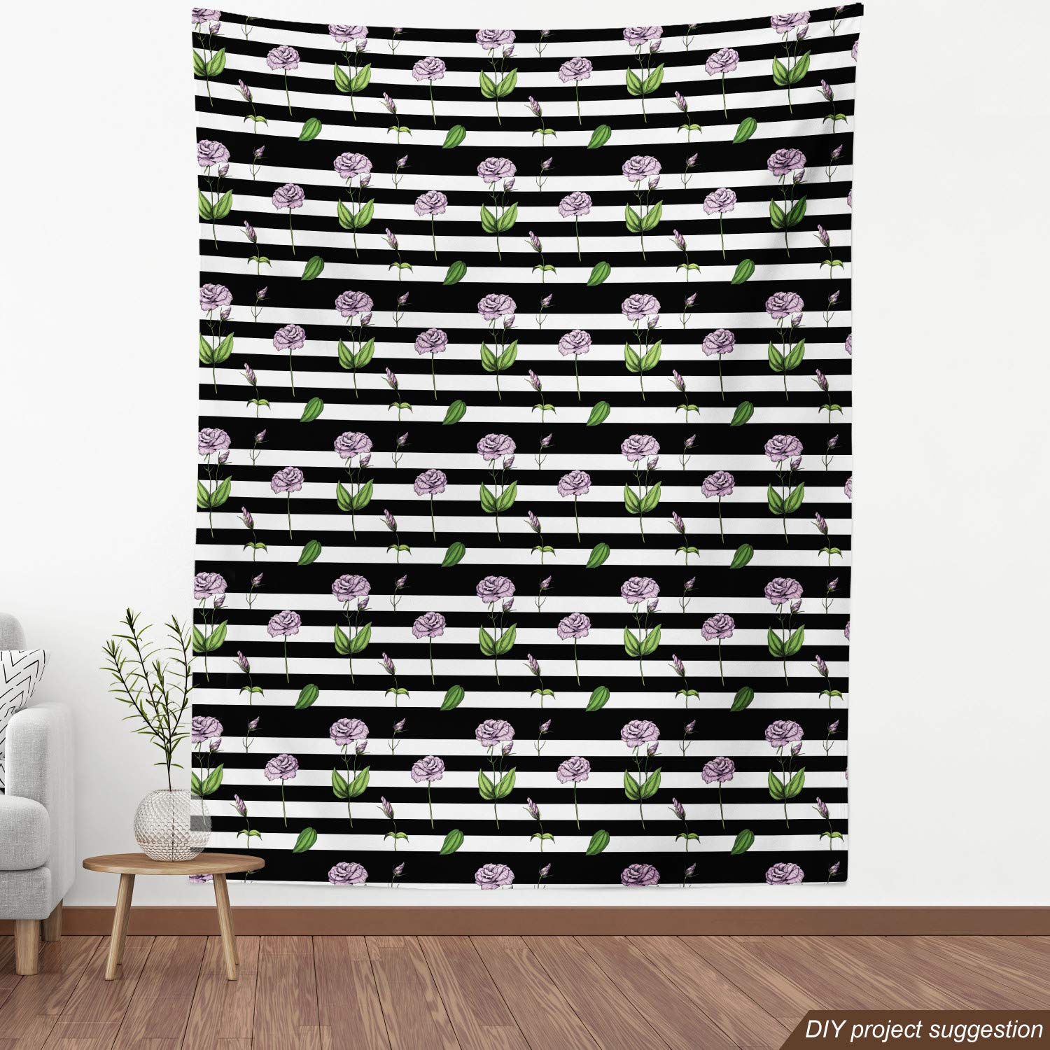 Ambesonne Rose Fabric by The Yard - Pink Floral Print on Black & White Striped Background | Decorative Upholstery & Home Decor Fabric (1 Yard) | Perfect for Curtains, Pillows & DIY Craft Projects