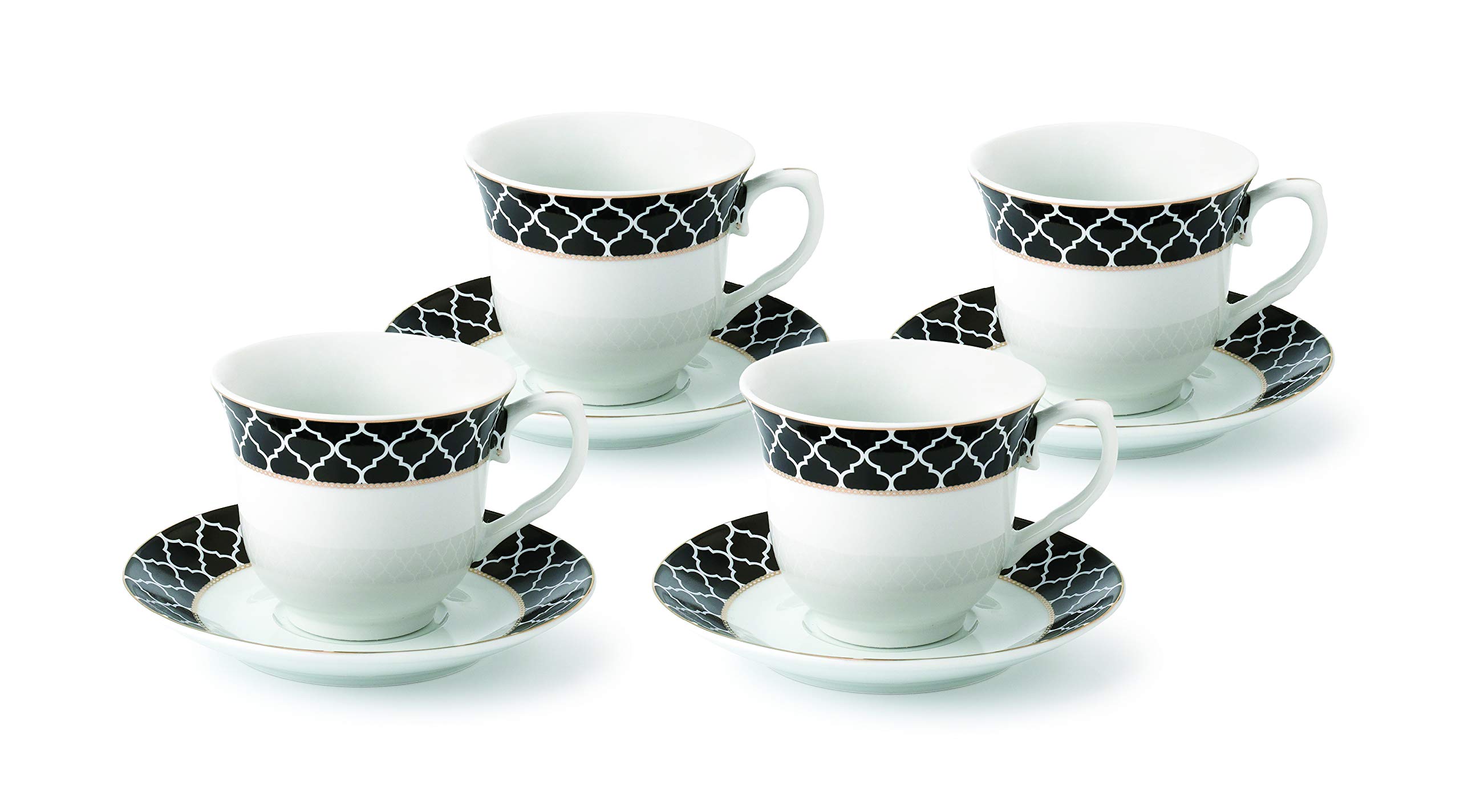 Lorren Home Trends Domino-4 Black Coffee Cups and Saucers Set - Elegant Porcelain Tea Cups for Coffee, Tea, or Espresso - Perfect for Home, Office, or Restaurant Use